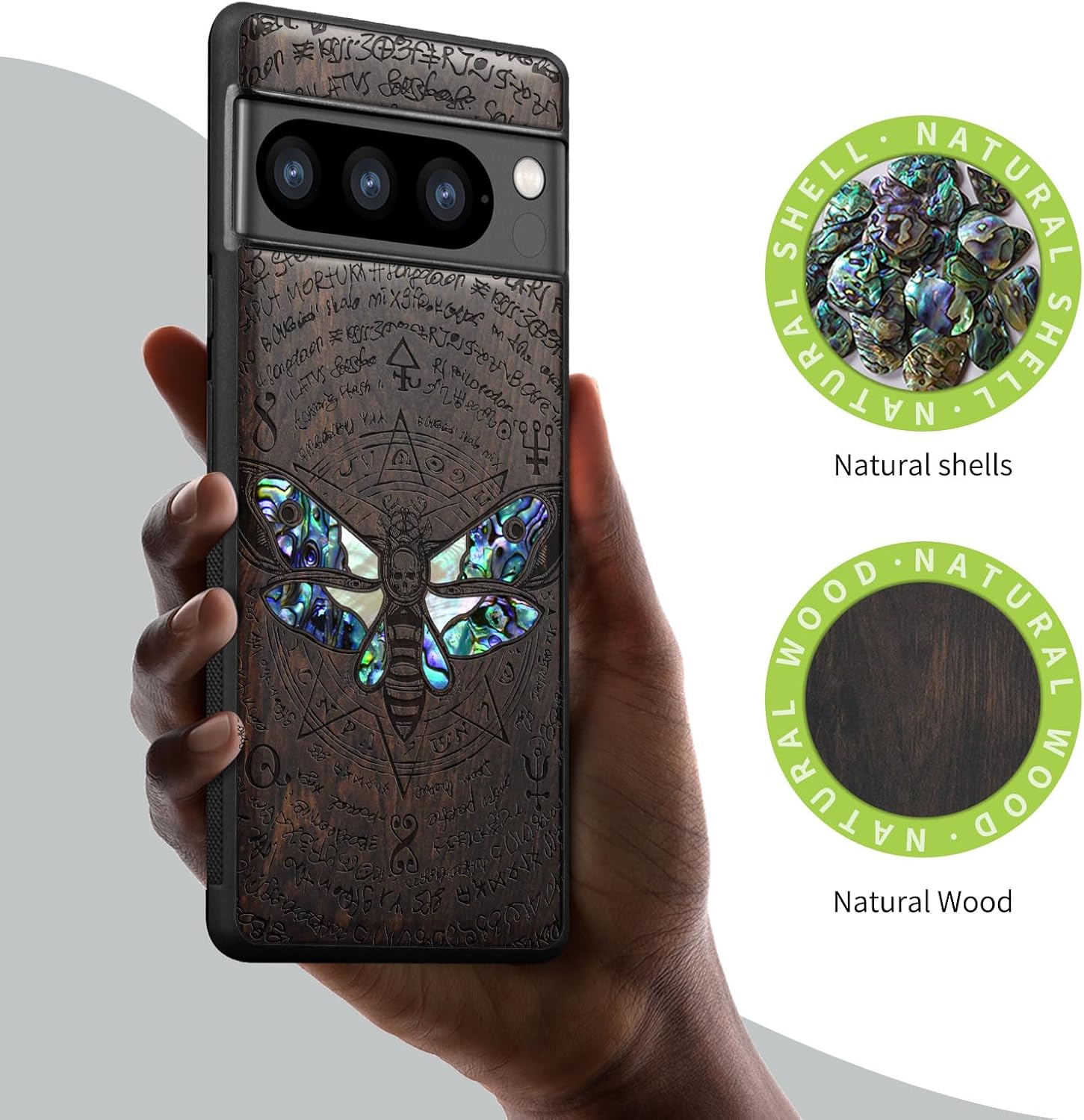 Carveit Designer Wooden Case for Google Pixel 8 Pro Case Cover [Wood Engraving & Shell Inlay] Compatible with Wireless Chargers Pixel 8 Pro (Death's Head Moth-Blackwood)