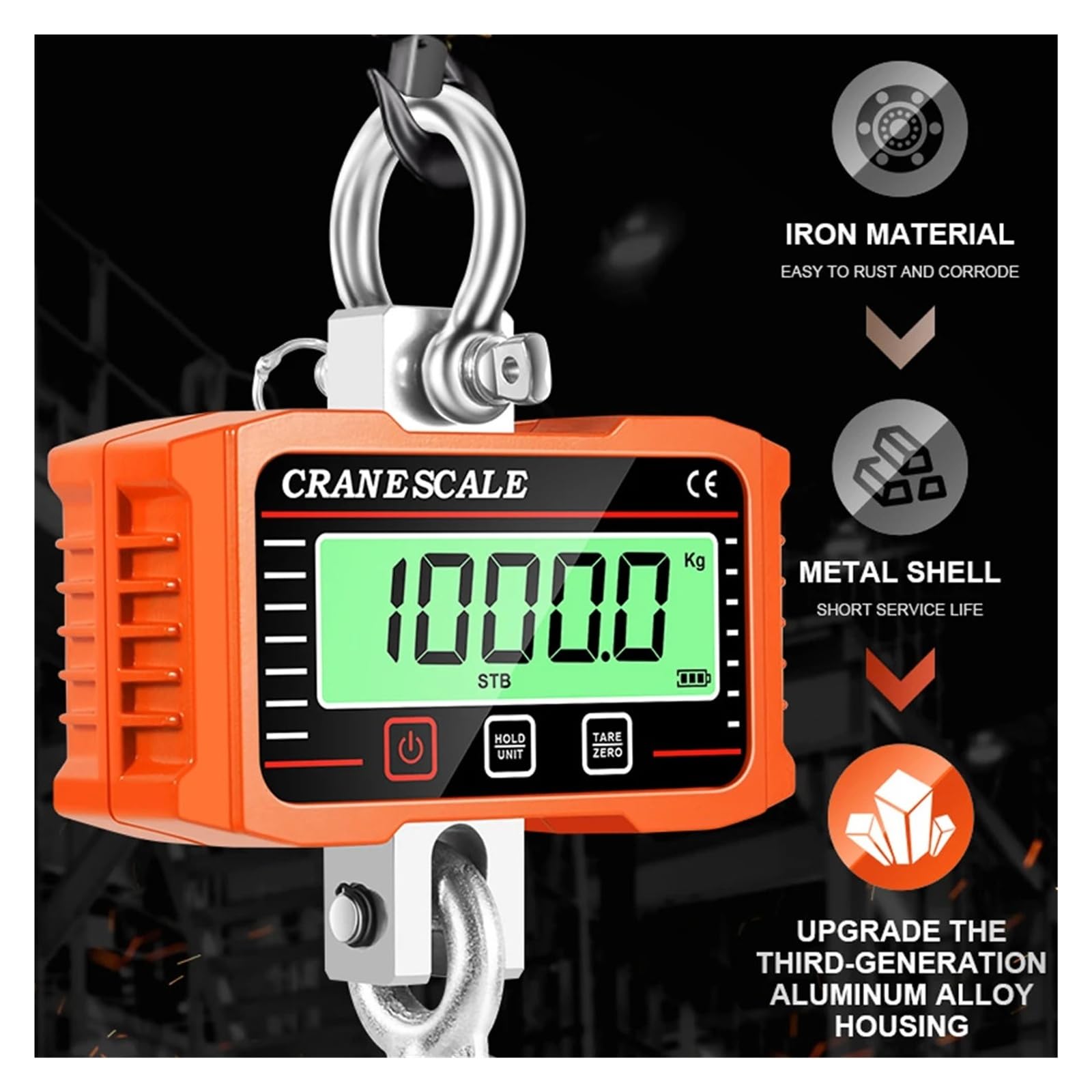 Pantalla LCD Digital, báscula Crance de 2000kg, báscula de elevación de mano, medidor de pesaje de grúa con gancho de peso resistente Múltiples funciones(Black)