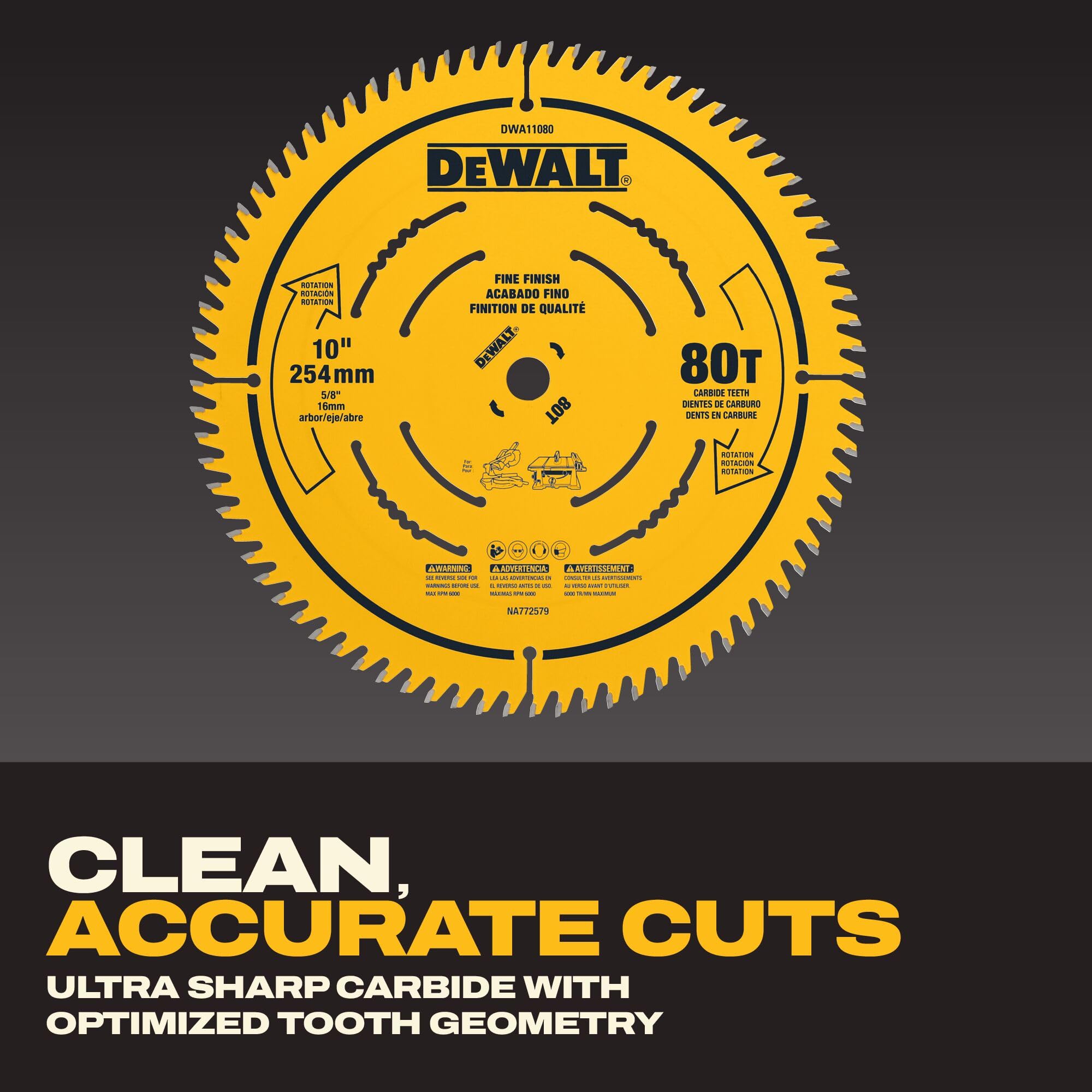 DEWALT Hoja de sierra circular de acabado fino 80T de 10 pulgadas (DWA11080)