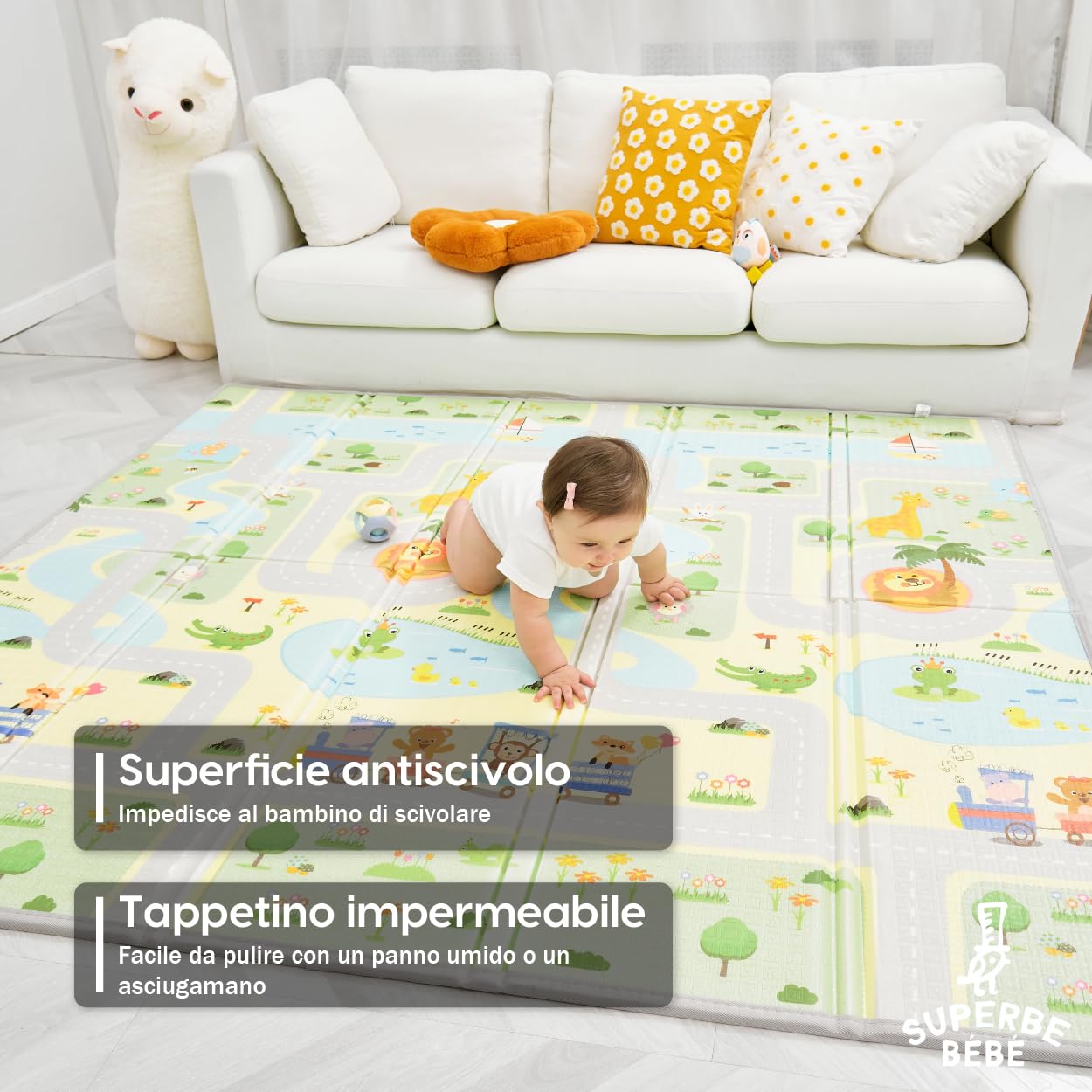 Tappeto Gioco Bambini Pieghevole 180x200x1.5cm Palestrina Neonato Montessori Reversibile Non Tossico E Impermeabile In Schiuma Per Bimbi. Palestra Neonati - Tappeto Tummy Time Neonati - Regalo Bambino