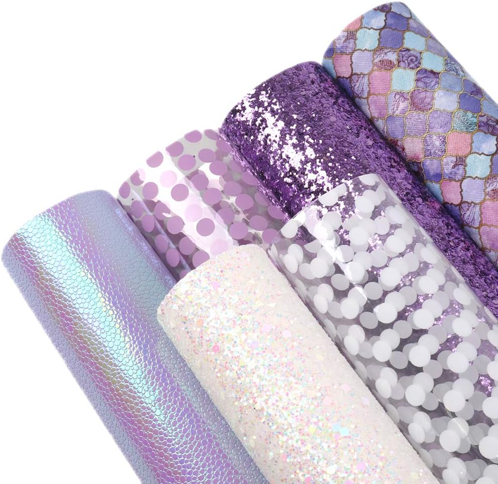 Mermaid Scale Printed Faux Leather Fabric Sheets 6 Pcs 7.7" x 12.9" (20 cm x 33 cm) Include 4 Kinds of Leather Fabric for DIY Bows Earrings Making Crafts(Mermaid Scale)