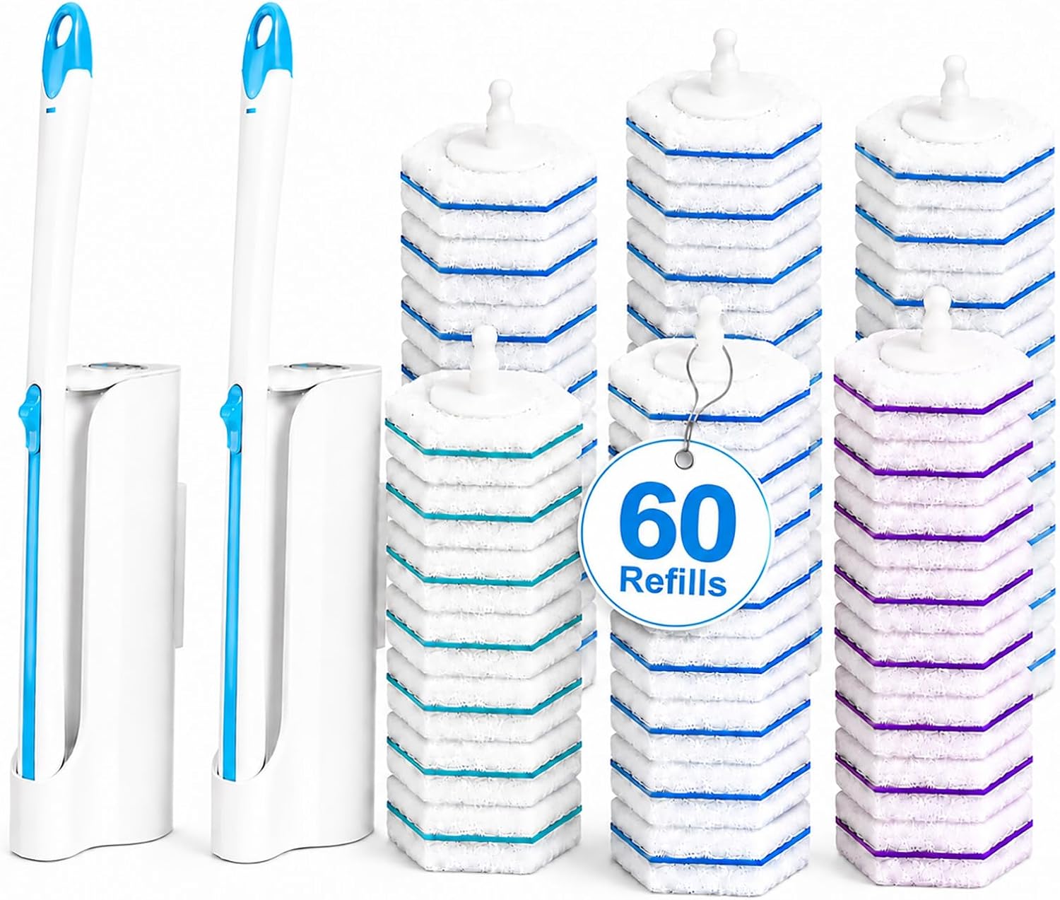 Msvvko Disposable Toilet Brush Set with 2 Holders, Wands & 60 Refills