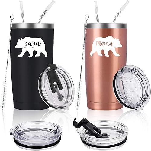Gingprous Juego de vasos de viaje de mamá oso regalos para nuevos padres embarazo pareja de nueva mamá y papá nuevo vaso de viaje de acero negro,