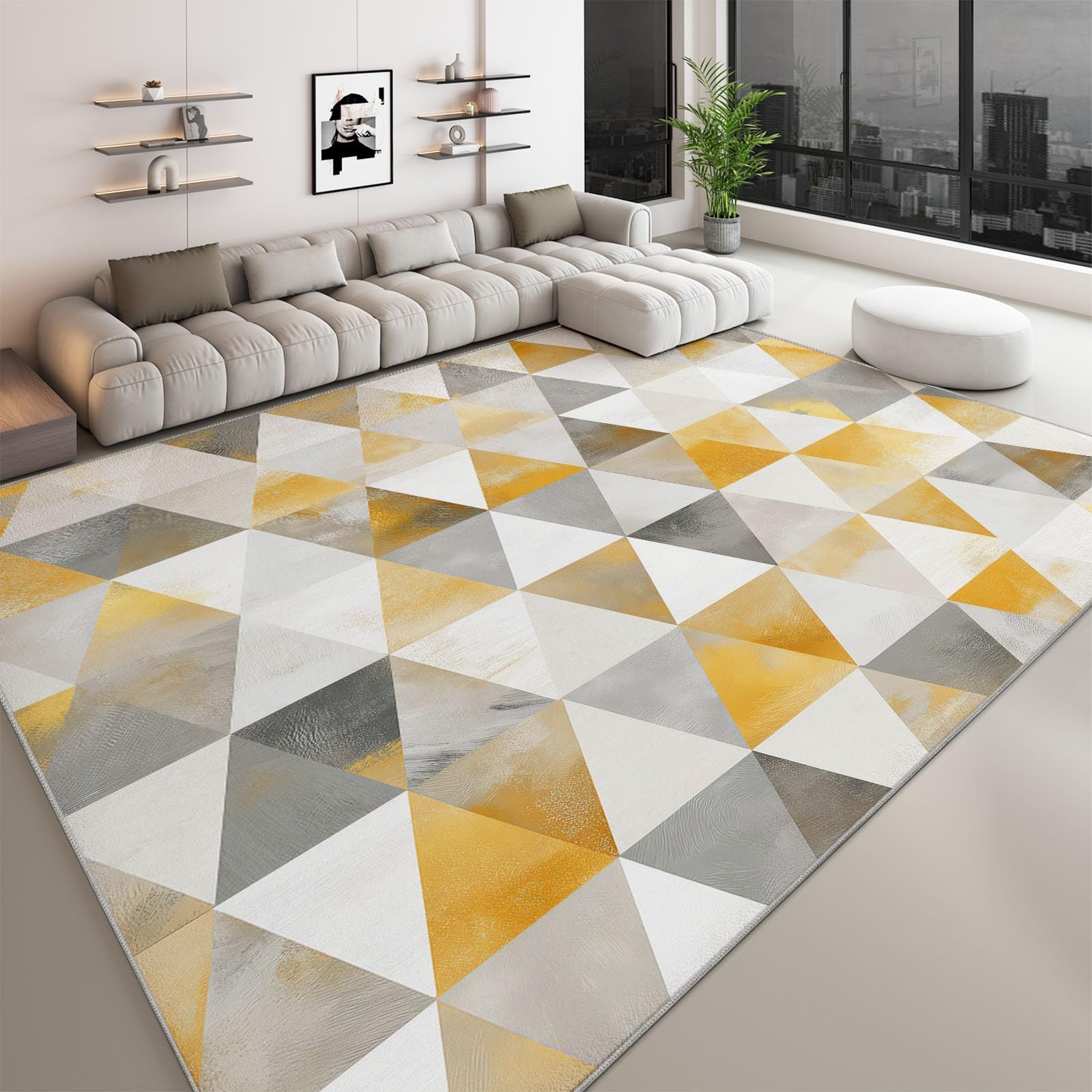 Tapis de Chambre 180x300 cm Gris et Jaune, Motif géométrique Abstrait Moderne à Triangles, antidérapant, Lavable, pour Salon ou Cuisine