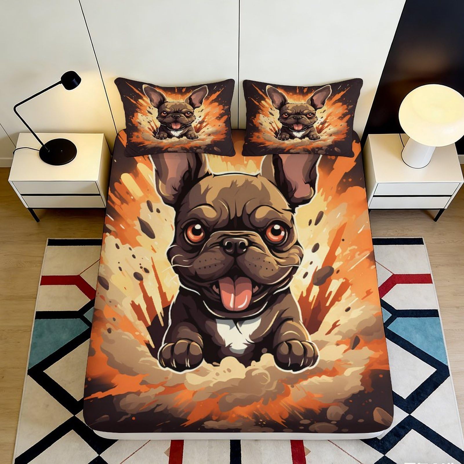 3D Printed Cartoon French Bulldog Fitted Sheet Microfiber Soft Orange Brown Bed Sheet Bedroom Decor Protection 90x200x25cm
