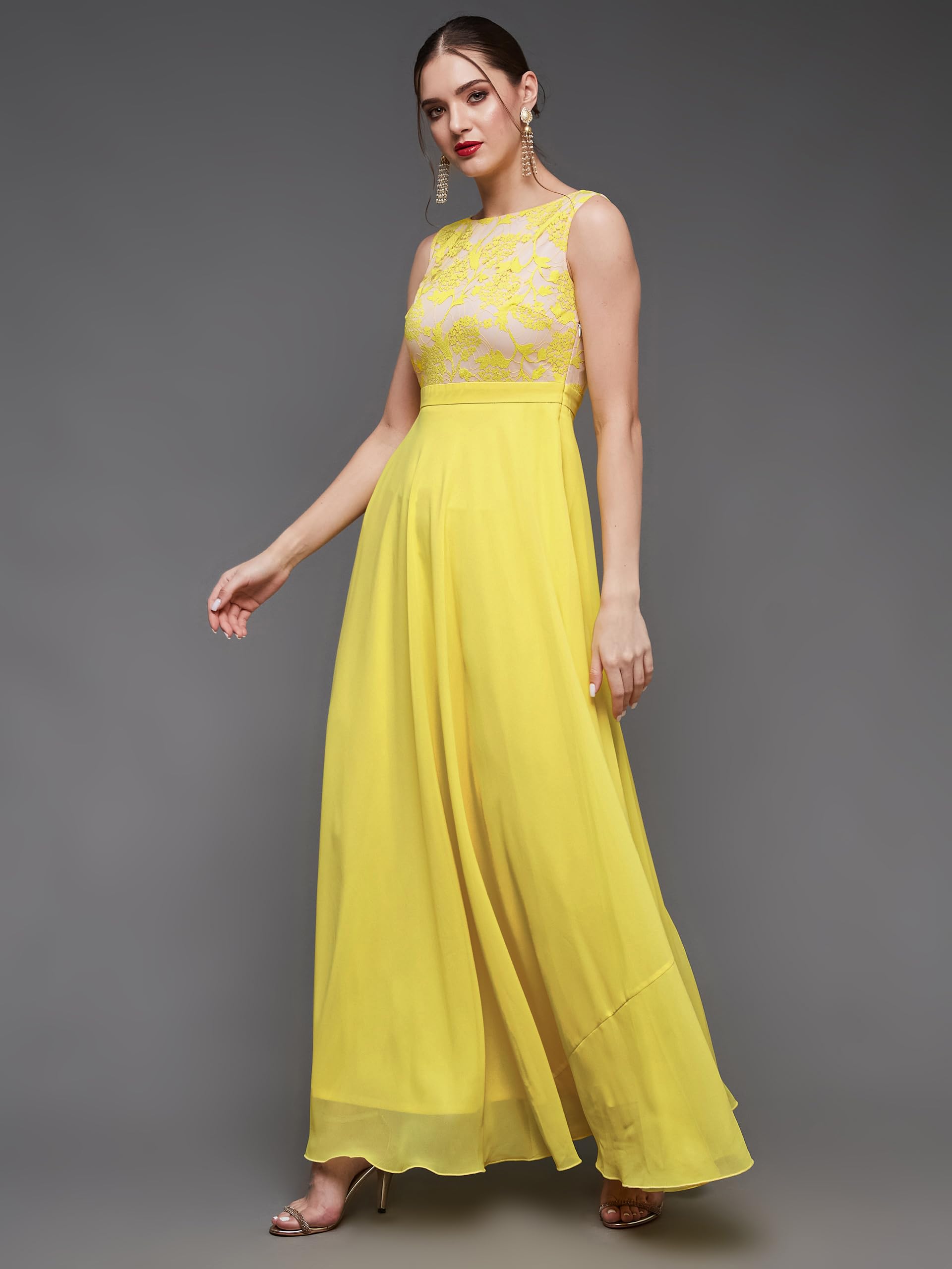 Miss Chase Women's Round Neck Sleeveless Georgette Floral Lace Fit & Flare Maxi Dress Light Yellow