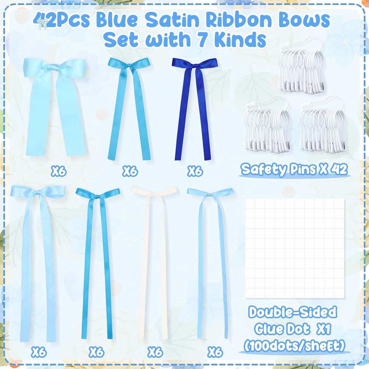 42Pcs Blue Bow Wall Decor, DIY Bow Photo Backdrop, Ribbon Bows Garland, Blue Bows Decor for Home Room Bedroom Decor, Birthday Baby Shower, Bridal Shower Wedding Party Decorations