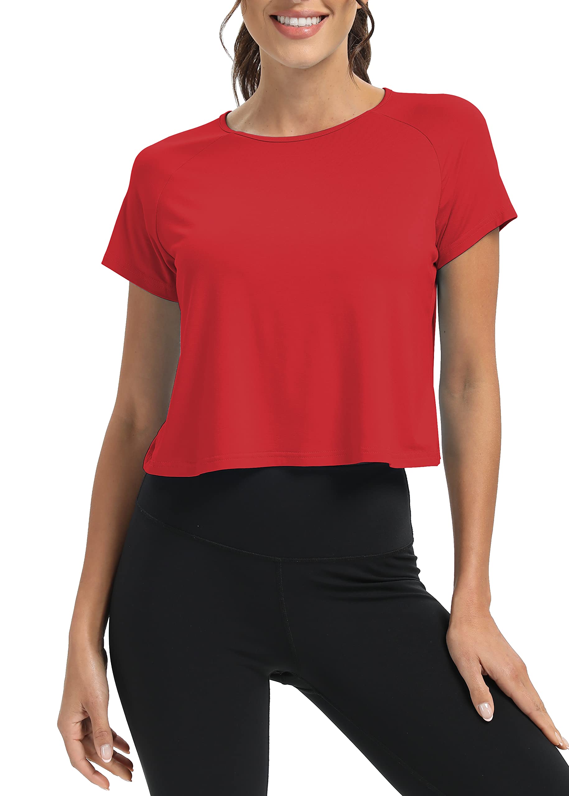 Mippo - Camiseta de entrenamiento corta para mujer con espalda dividida - Corte holgado, rojo, S