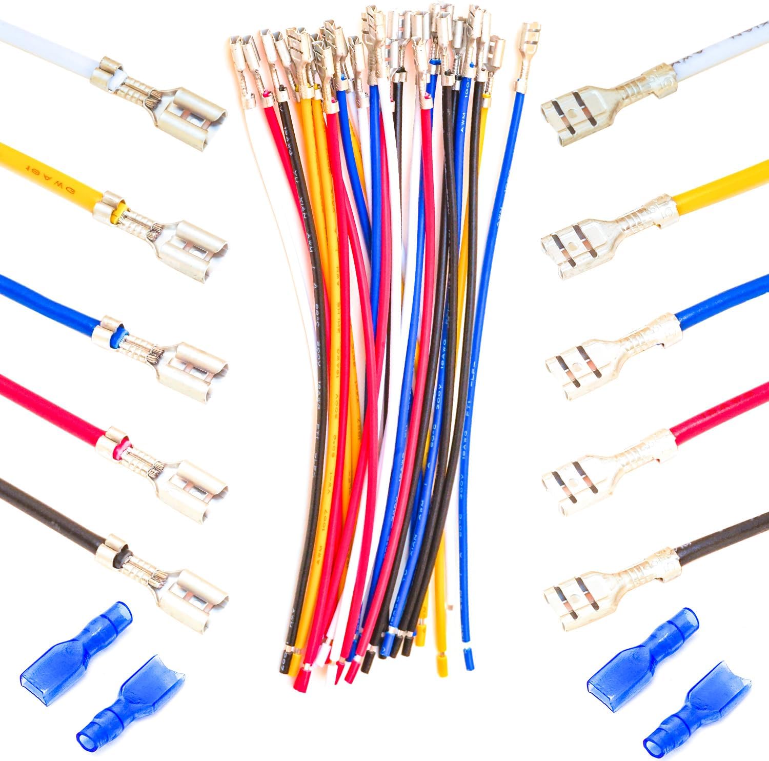 4.8MM Female Quick Disconnects Insulated Spade Receptacle Connector, 18AWG Red/Black/Yellow/White/Blue Pre-Crimped Cable Length of 10/30/50/100CM Wire Pack of 5pcs (Spade 4.8F-50CM)