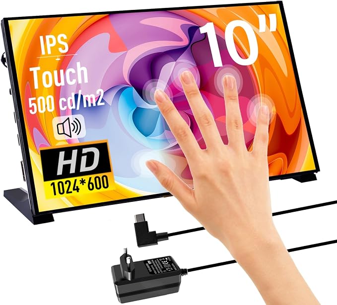 GeeekPi 10,1 calowy pojemnościowy ekran dotykowy, monitor HDMI IPS 1024x600 Wyświetlacz LCD z podwójnymi głośnikami dla Raspberry Pi 5/4B/3B+/3B, z otworem montażowym do instalacji płyty Raspberry Pi