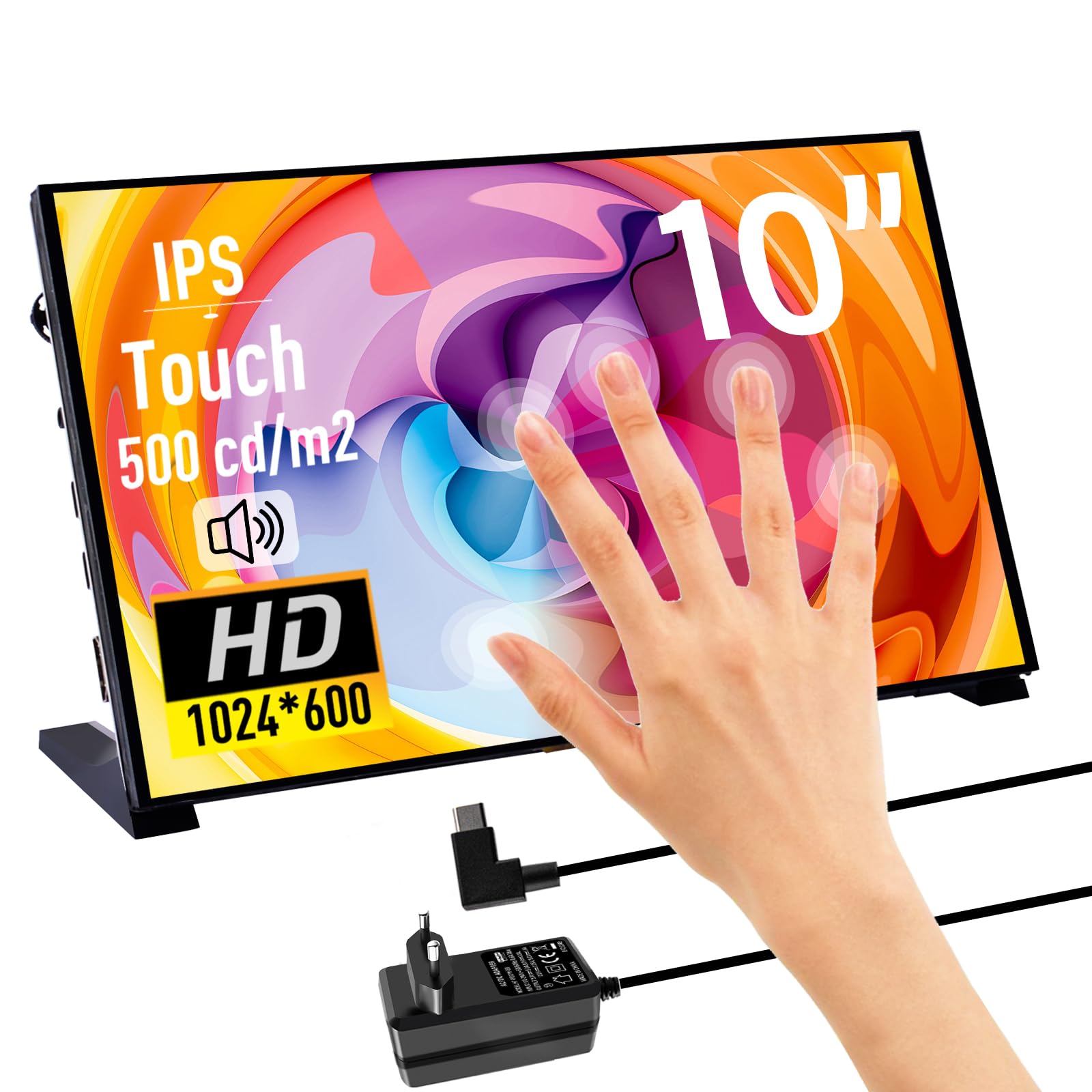 GeeekPi Touchscreen Capacitivo 10,1 Pollici per Raspberry Pi, Monitor HDMI IPS 1024 x 600 LCD con Altoparlanti Doppio per Pi 5/4B/3B+/3B
