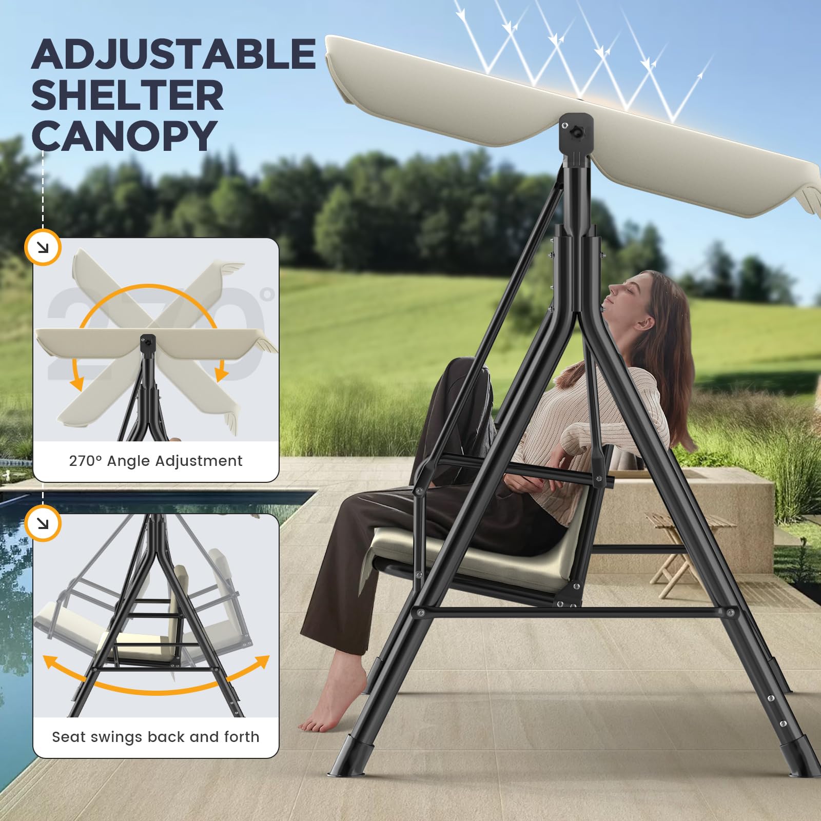 Balancelle de jardin 3 places avec toit pare-soleil réglable - Banc à bascule ergonomique résistant aux intempéries - Idéal pour le jardin, la terrasse - Montage facile - Beige
