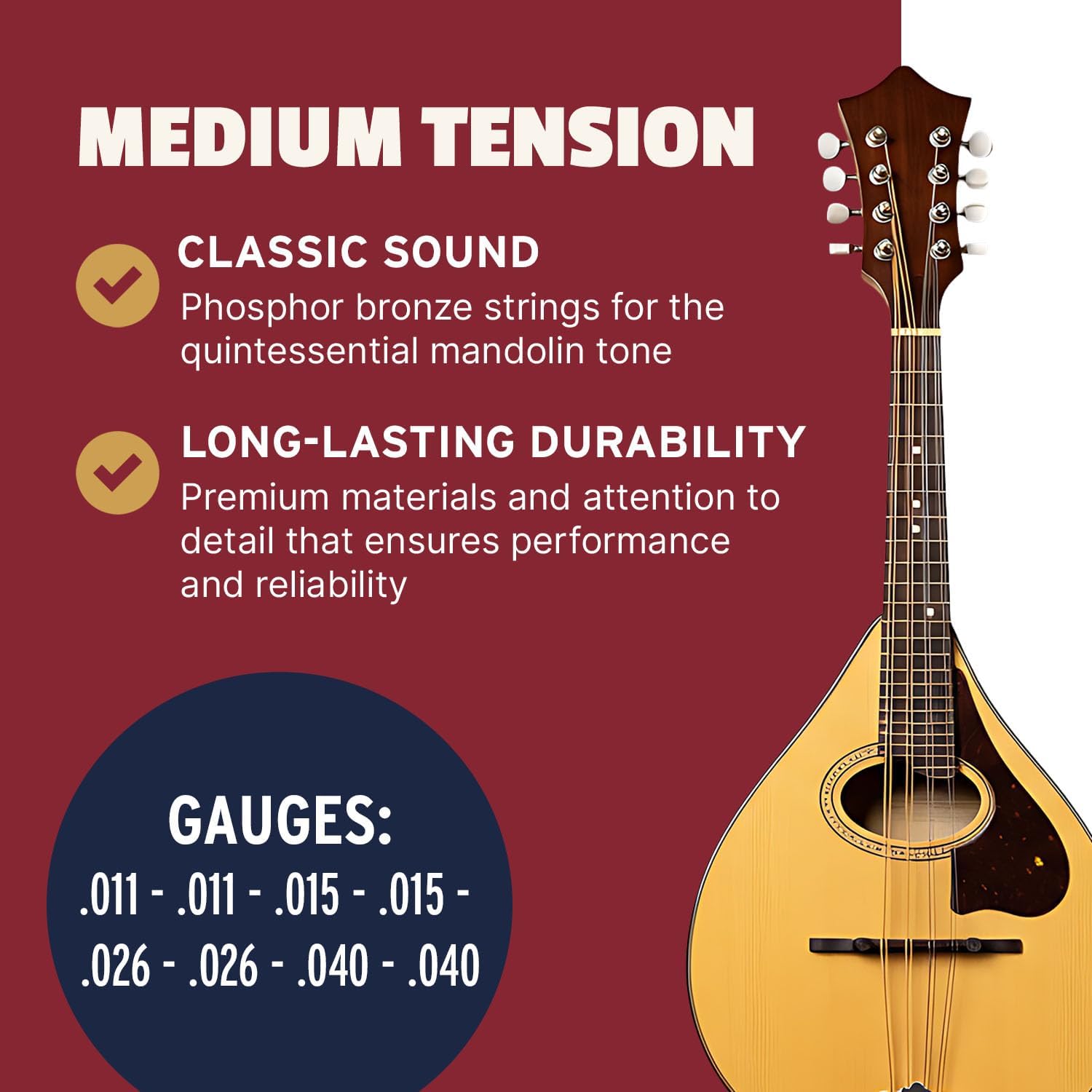 Stringjoy Naturals 11-40 Balanced Light Medium Mandolin Strings – Naturals Phosphor Bronze Mandolin Strings - Long-Lasting, Rich and Balanced Loop-End Strings, 8 String Set, 2-Pack