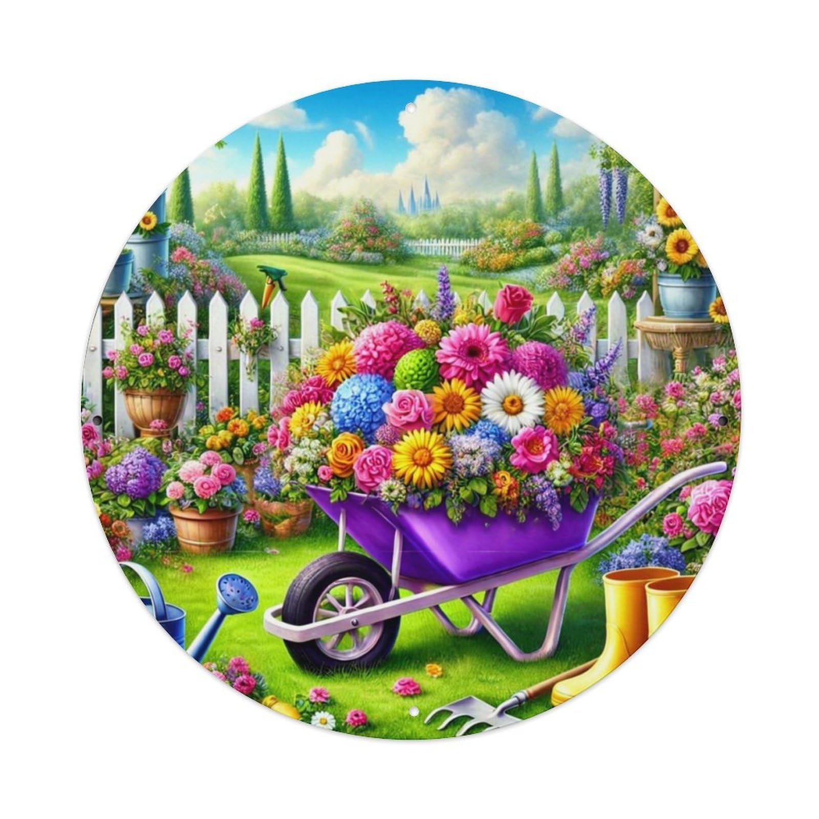 Flower Garden Wheelbarrow Scene Vintage Round Tin Sign Retro Metal Wall Decor Metal Poster, Home Bar Garage Cafe Wall Art Decoration 8x8Inches