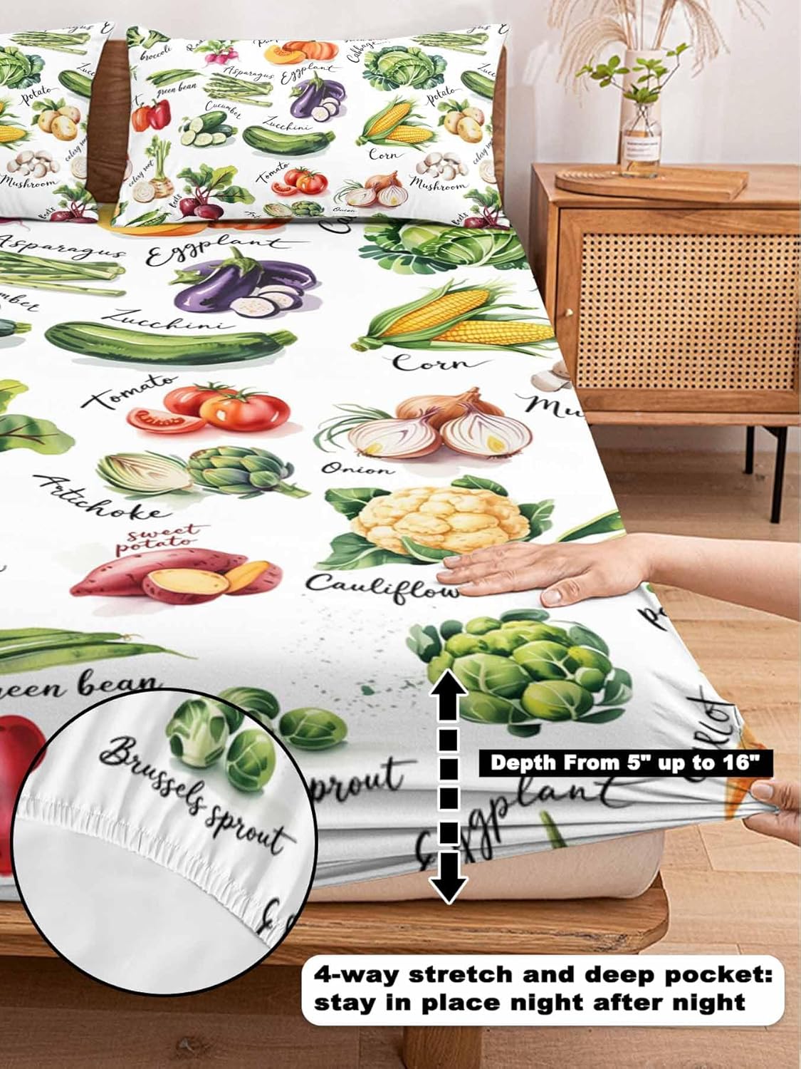 Queen Bed Fitted Sheets Country Vegetables Bed Set with 16" Deep Pocket,Soft Microfiber Bedding Bottom Sheet with 2 Decorative Pillowcases Rustic Farmhouse Plant Theme