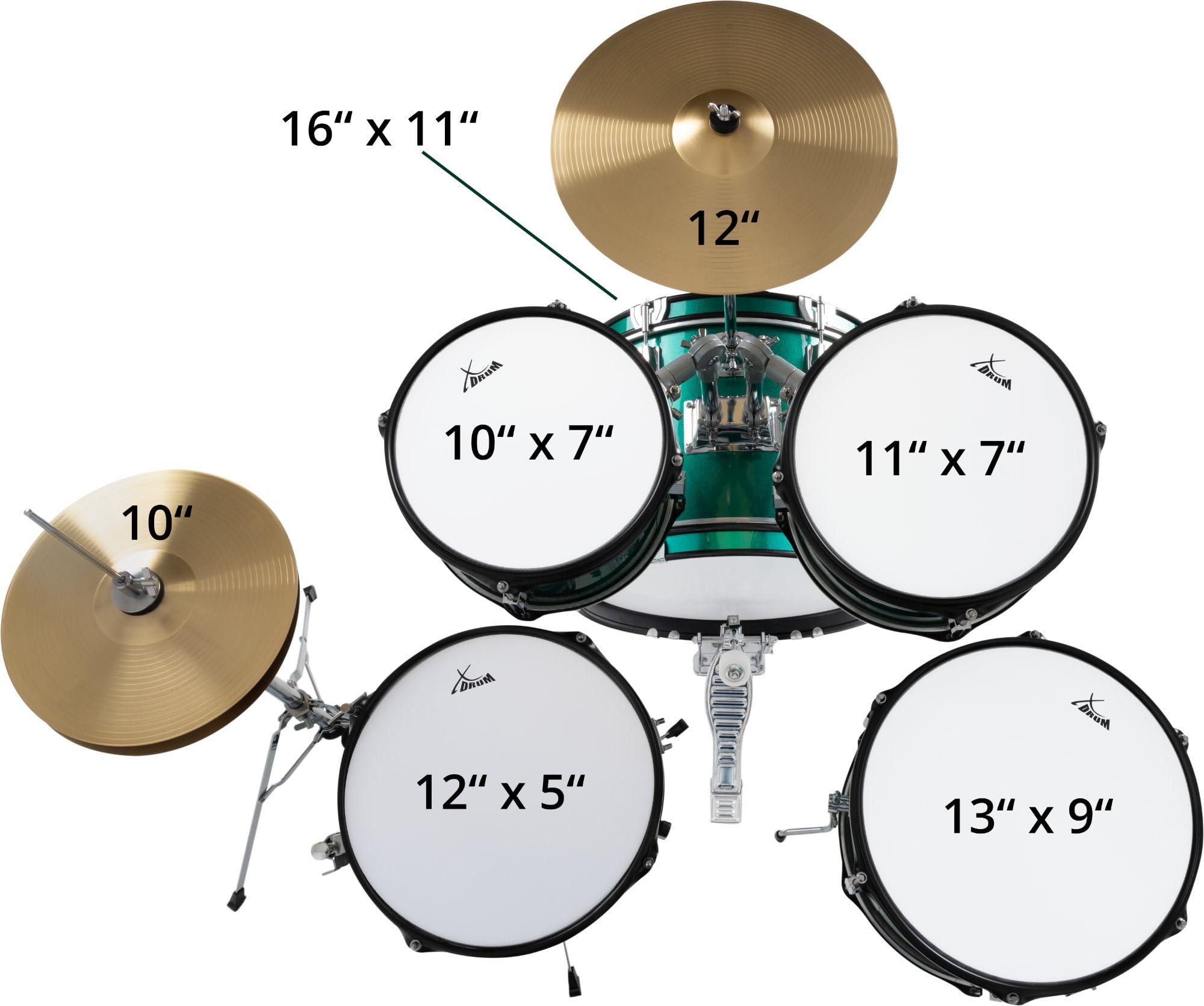 XDrum Junior Pro Kinder Schlagzeug Emerald Green Sparkle - geeignet von 5-9 Jahren - Drumset mit komplettem Zubehör - inkl. Schule - Grün