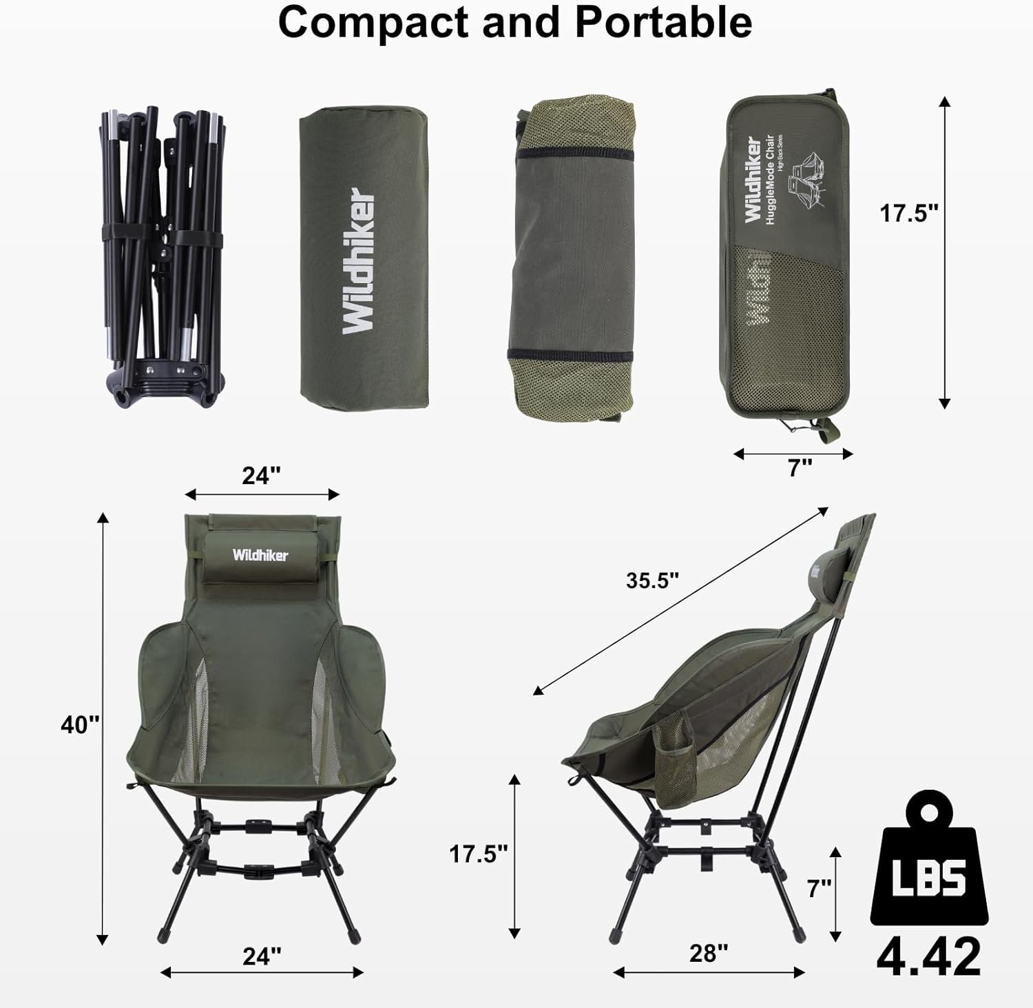 Wildhiker Compact High Back Camping Chair - Foldable with Dual Sitting Modes, Pillow, Arm Pads and Side Pockets - Lightweight Portable Chair for Motorcycle, RV, Festival, Travel - Green - Image 3