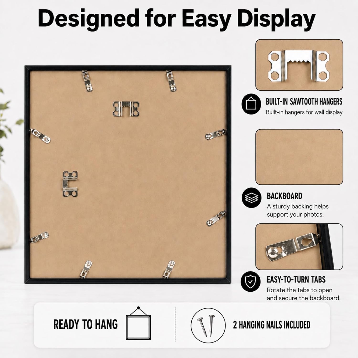 JCJMY 12x12 inch Picture Frame, Horizontal and Vertical Formats for Wall Hanging, 12 x 12 Square Wall Gallery Poster Photo Frame with Shatter Resistant Plexiglass, Black