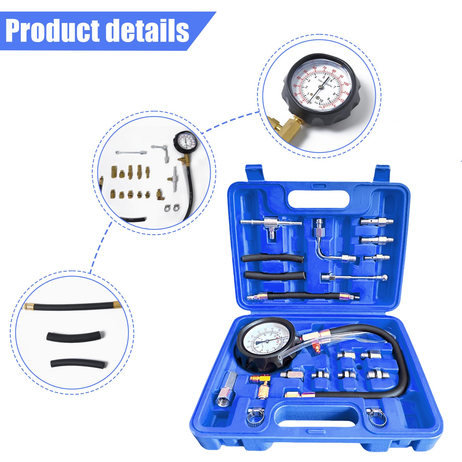 0-140 PSI Manómetro de combustible Tester: Kit TU-114 de prueba de presión de combustible, probador de presión de bomba de inyección, herramienta de diagnóstico para coches, camiones y motocicletas a