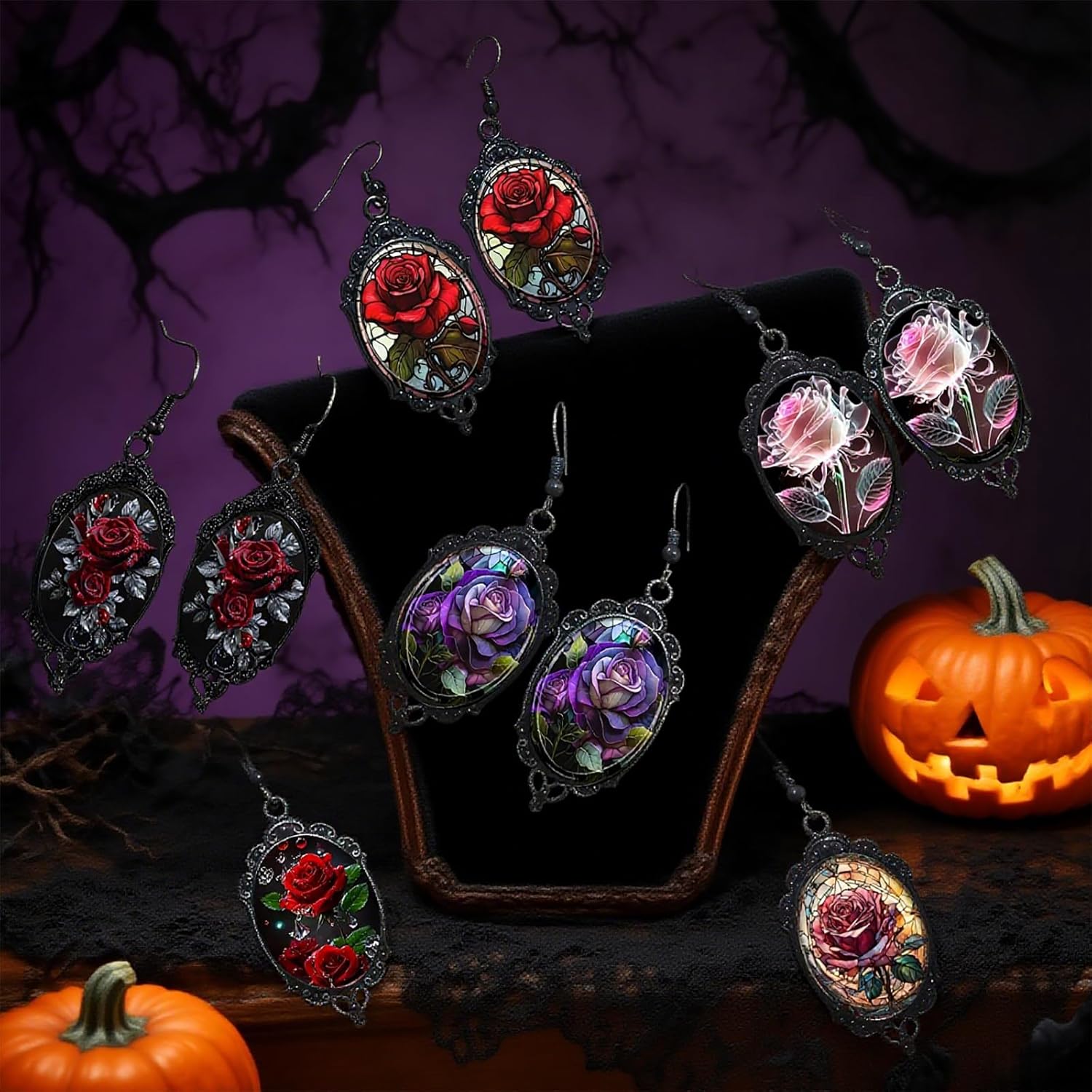 Gothic Rose Drop Earrings for Women Colorful Flower Cameo Dangle Earrings Halloween Retro Rose Earrings Victorian Mystic Jewelry Accessories Gifts - Image 6