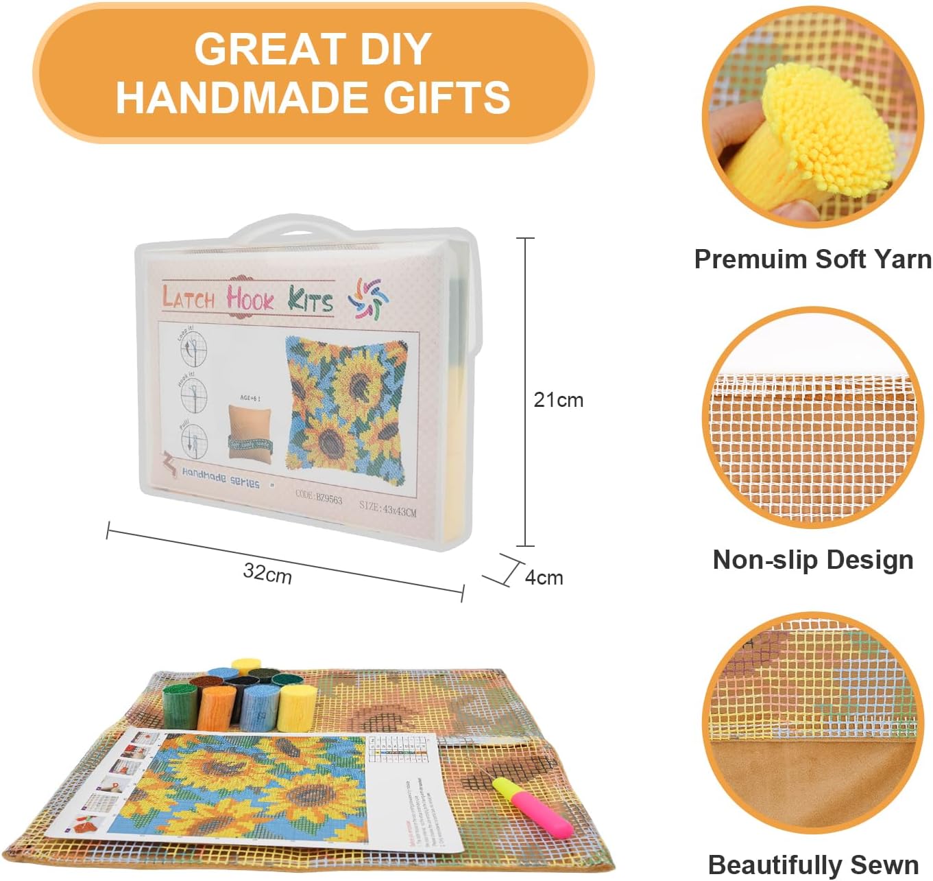 QIONG MENG Latch Hook Kits for Adults, DIY Sunflower Decor Pattern Pillow Cover Kit Needlework Cushion Cover Hand Craft Crochet for Home Sofa Decorations Gifts 17 x 17 Inch