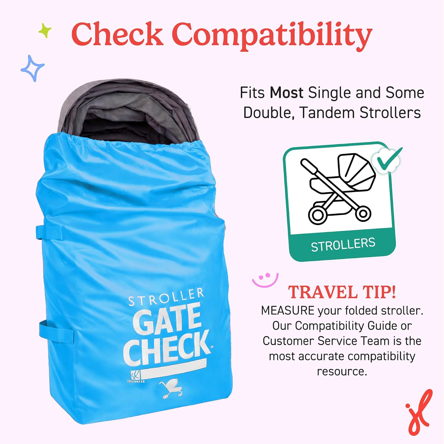 J.L. Childress Gate Check Bag for Single & Some Double Strollers - Travel Bag for Airplane, Fits Most Standard Baby Strollers, Airport Accessories Gate Check, Flying Essentials - Neon Blue