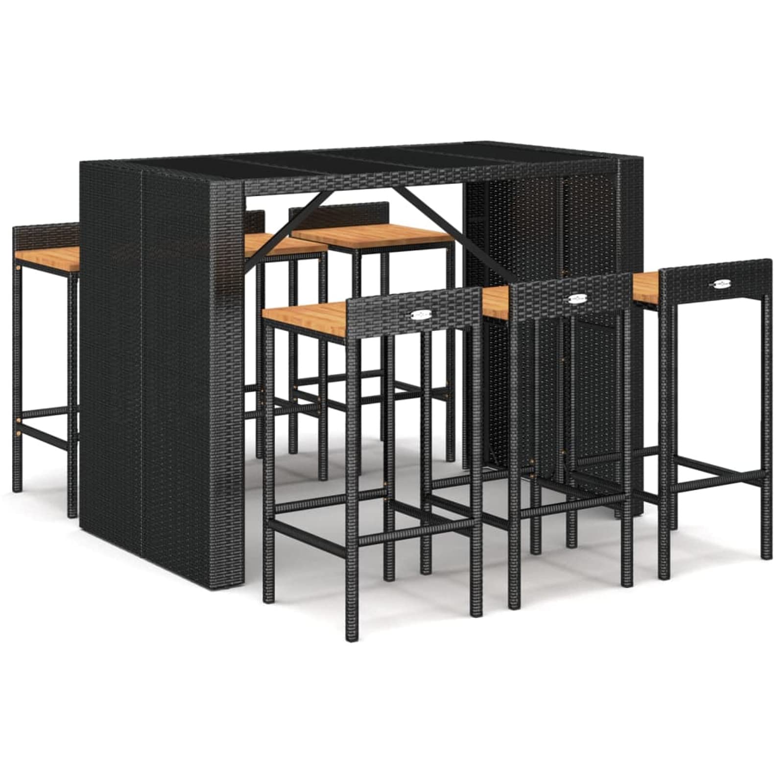 Juego de bar de jardín de 5 piezas, ratán sintético negro y madera maciza de acacia, juego de comedor de jardín, juego de muebles de exterior, mesa y sillas de jardín, terraza para patio y bistró 11