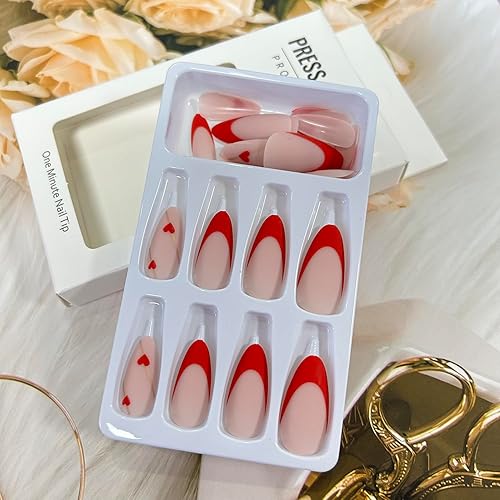 Miniatura 4 de Uñas postizas a presión de punta francesa de almendra, medianas, uñas postizas acrílicas artificiales con diseño de corazón de amor rojo, cobertura