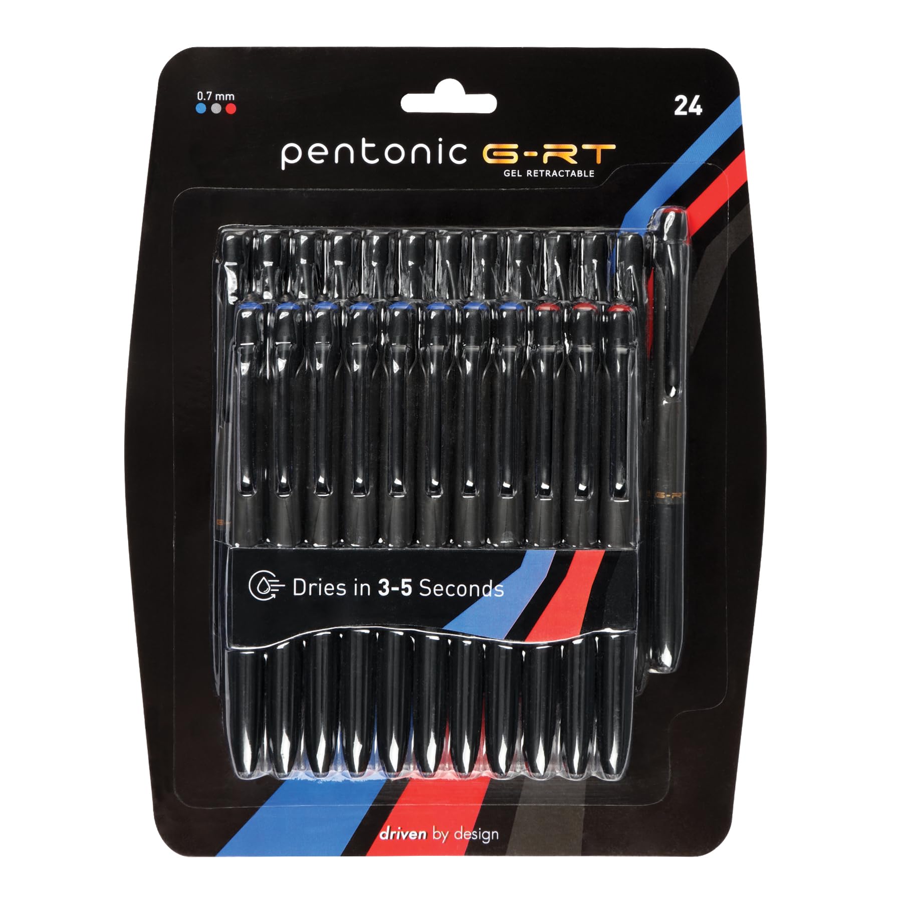 Pentonic GR-T Retractable Gel Pens, 24 Count, Assorted Color Ink (12 Black, 8 Blue, 4 Red), 0.7 mm Fine Point, Smooth Writing For Journaling (1002360)