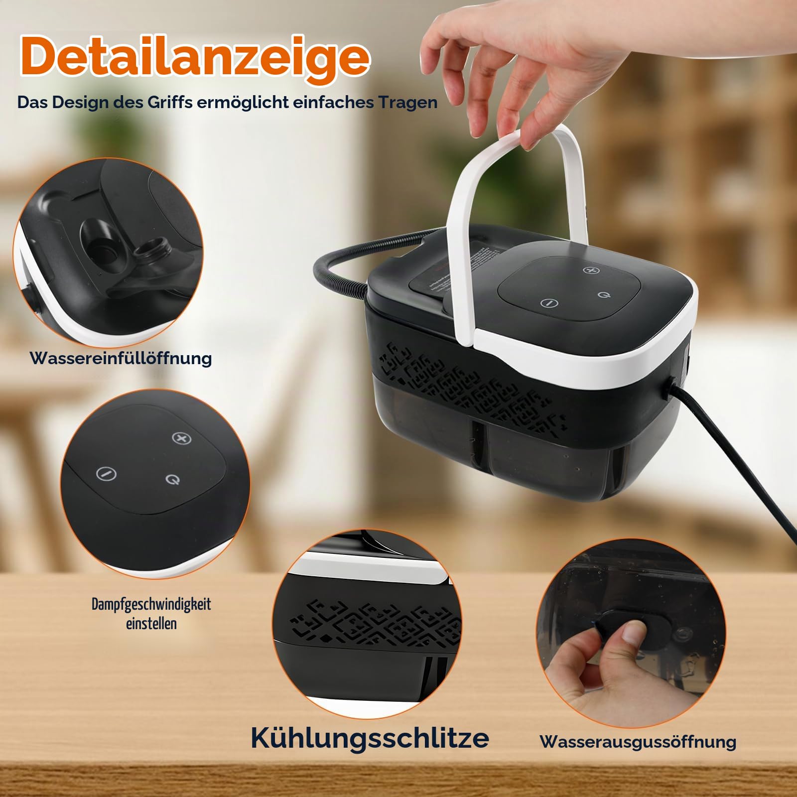2500 W 4 bar Hochdruck-Handdampfreiniger, 1250 ml Tank 6 Stufen Hochtemperatur-Druckreinigungsgerät für Auto, Fenster, Küche, Boden, Möbel