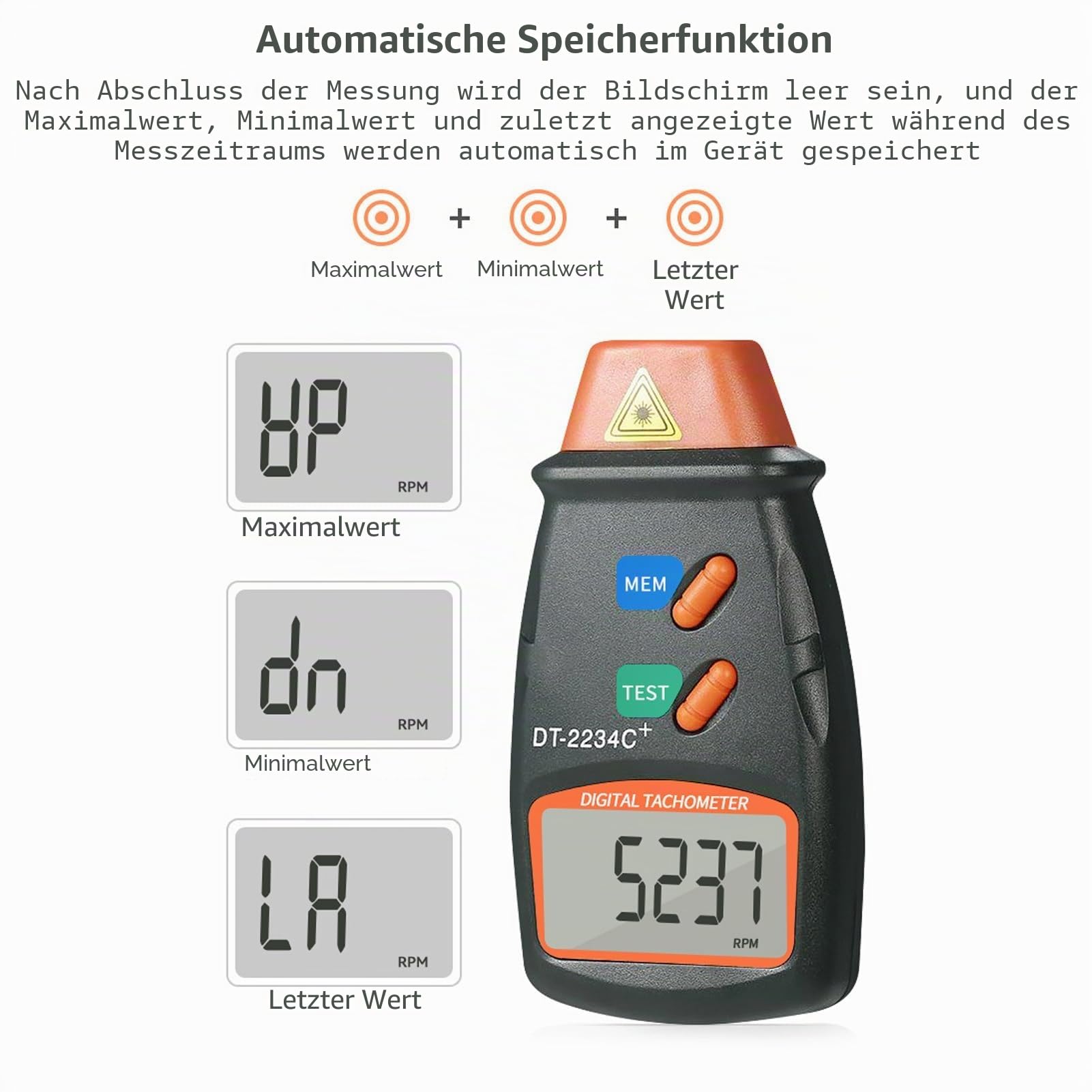 Fototachometer DT2234C Digital Tachometer Berührungsloser Tragbarer mit LCD Display Drehzahlbereich 2,5 bis 99.999 U/min