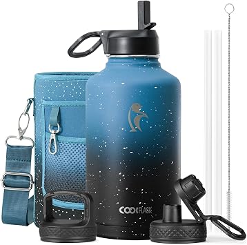 Coolflask Water Bottle 2L Insulated with Straw & 3 Leakproof Lids