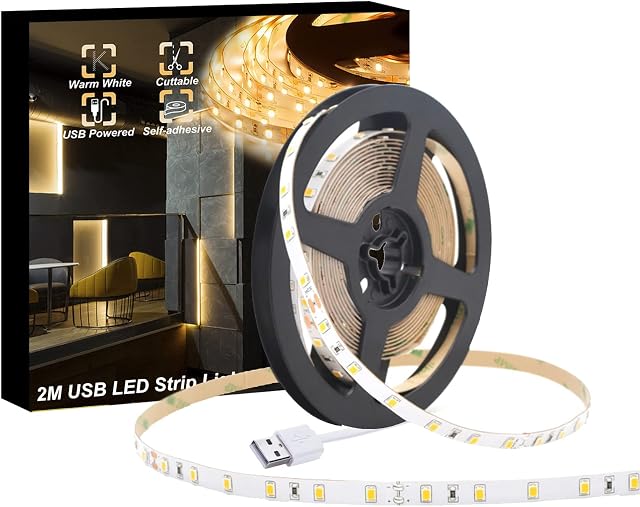 VVFLED LED Strip Lights, 2m USB Warm White LED Strip Light, Pulg & Play, TV Backlights, Super Bright Indoor Strip Light for Bedroom, Kitchen, DIY, Decor LED Rope Lights Tape Light