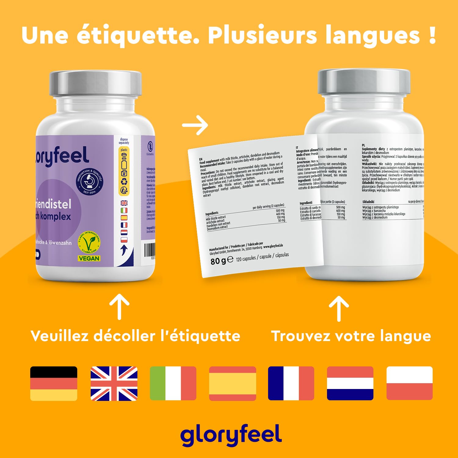 Complexe Chardon Marie, Pissenlit, Artichaut et Desmodium, 120 Gélules, Fortement Dosé en Silymarine, 500 mg par Dose Journalière, Testé en Laboratoire, Sans Additifs, 100% Végane