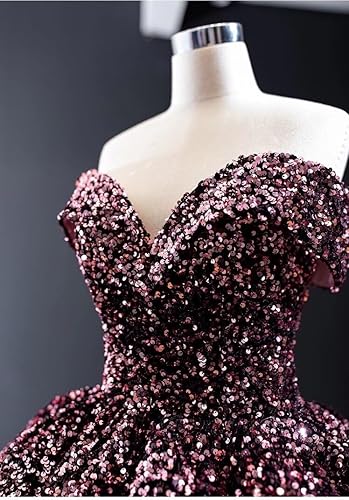 Miniatura 4 de Mollybridal Vestido de fiesta de quinceañera con lentejuelas con purpurina y cuello en V y hombros descubiertos, vestido formal de graduación 2025