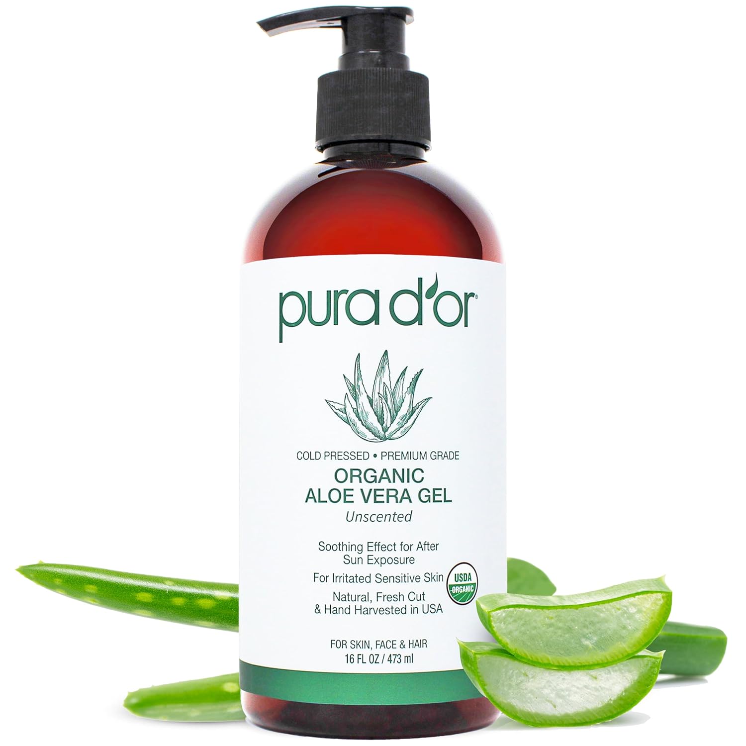 PURA D'OR USDA Organic Aloe Vera Gel 16oz Unscented - Pure Preservative-Free Relief for Sunburn, Eczema, Hair & Skin