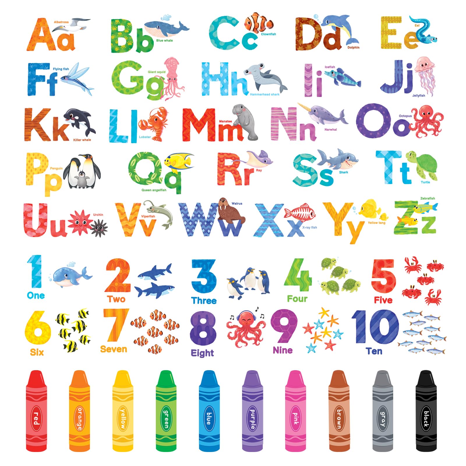 Decowall Learning Abc Alphabet & Numbers Wall Stickers Educational Abc 123 Wall Decals For Kids Nursery Classroom Bedroom Sea Animals Theme Peel & Stick (Ds9-8093)