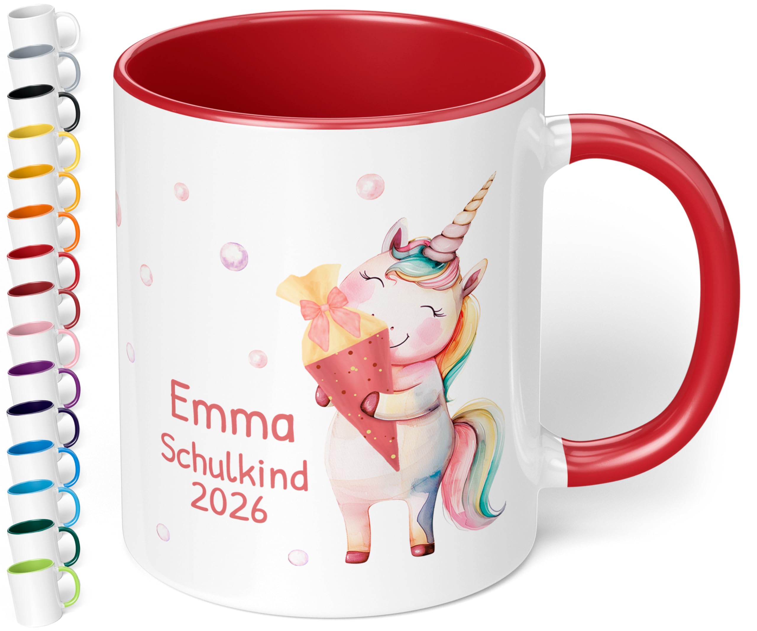 Geschenk zum Schulanfang für Mädchen: Tasse „Schulkind 2026“ - Motiv: EINHORN Schultüte - personalisiert mit Namen - Einschulung Schulanfänger 1. Klasse, Keramik, ca. 330ml, Rot