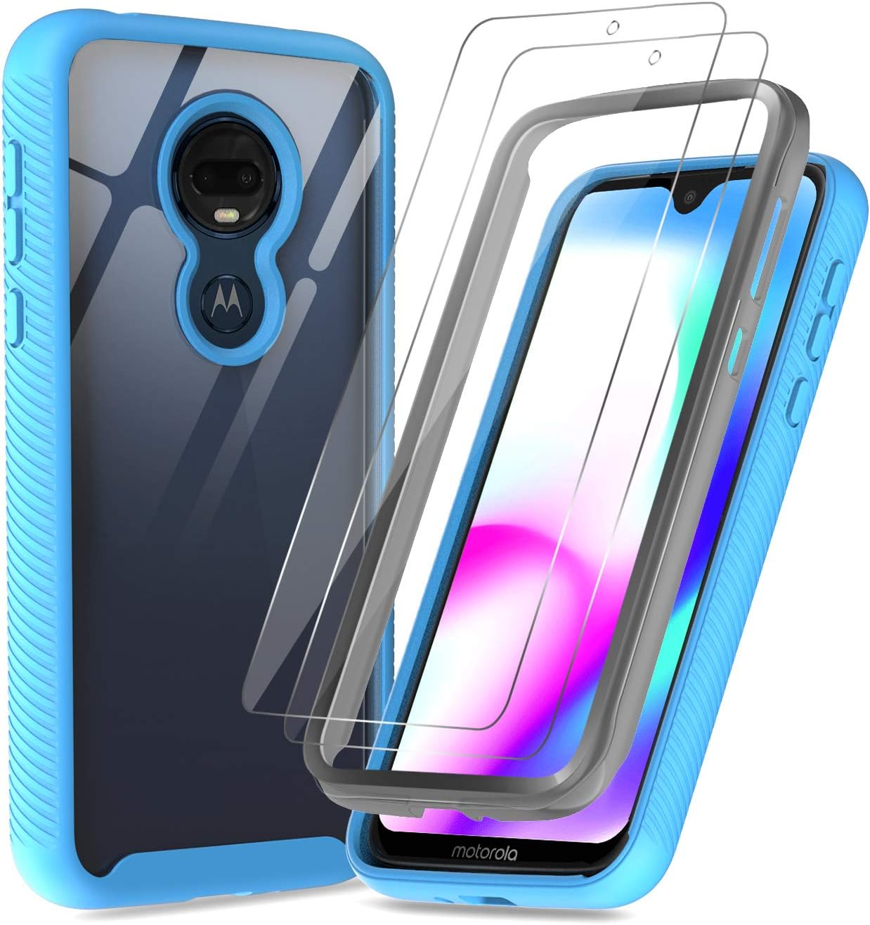 LeYi Moto G7 Case (Not Fit G7 Play/Power), Moto G7 Plus Case with 2 Tempered Glass Screen Protector, Full-Body Rugged Hybrid Shockproof Clear Protective Phone Cover Cases for Motorola G7 Light Blue