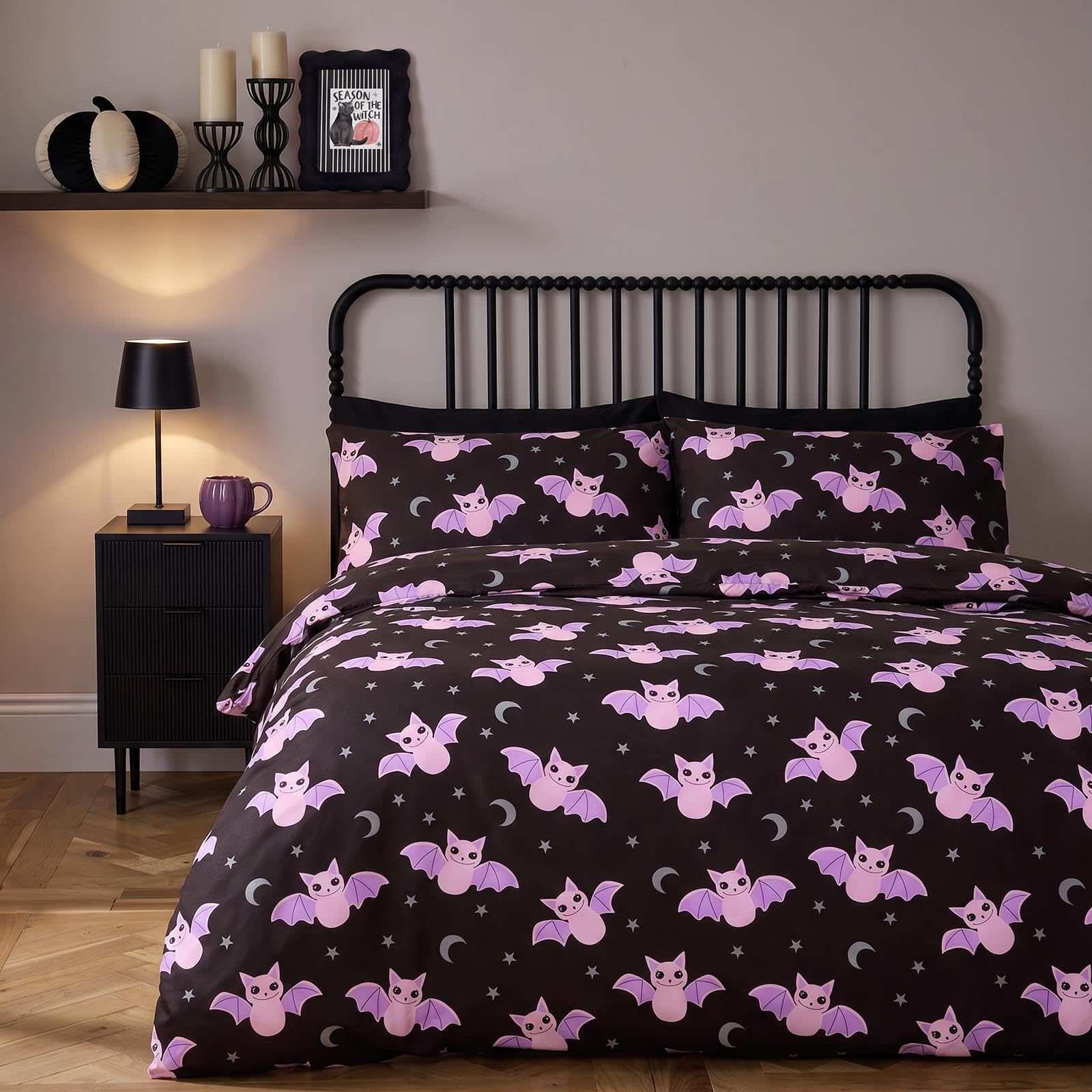 OHS Bat Print Halloween Bedding Boys Girls Single Duvet Cover Set, Black