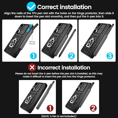 Miniatura 9 de VEGO Funda para Galaxy Z Fold 5 con soporte para S Pen (protección de bisagra), soporte magnético de anillo de 360, cubierta de cámara deslizante,