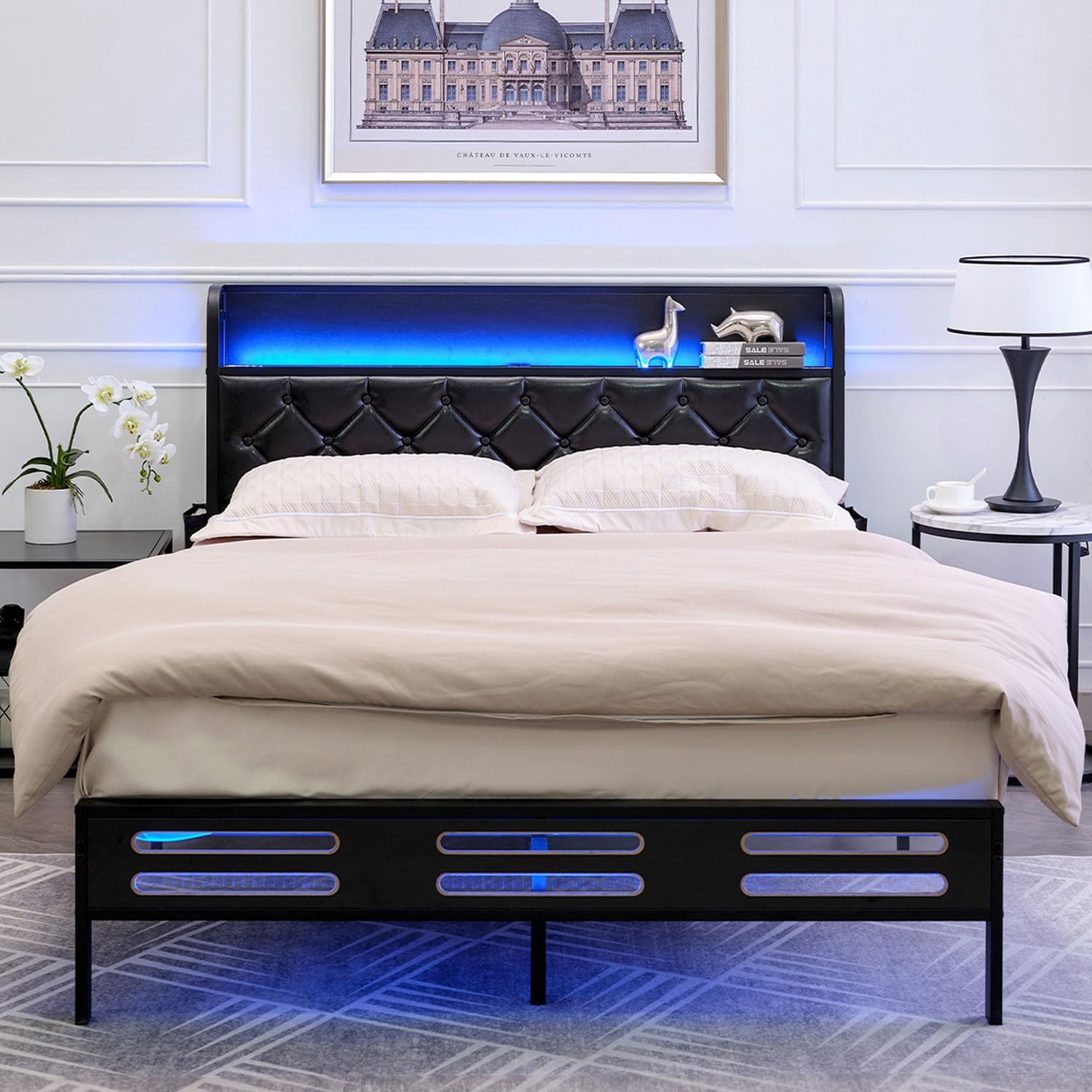 EDWELL Queen Size Bed Frame with Charging Station, Black
