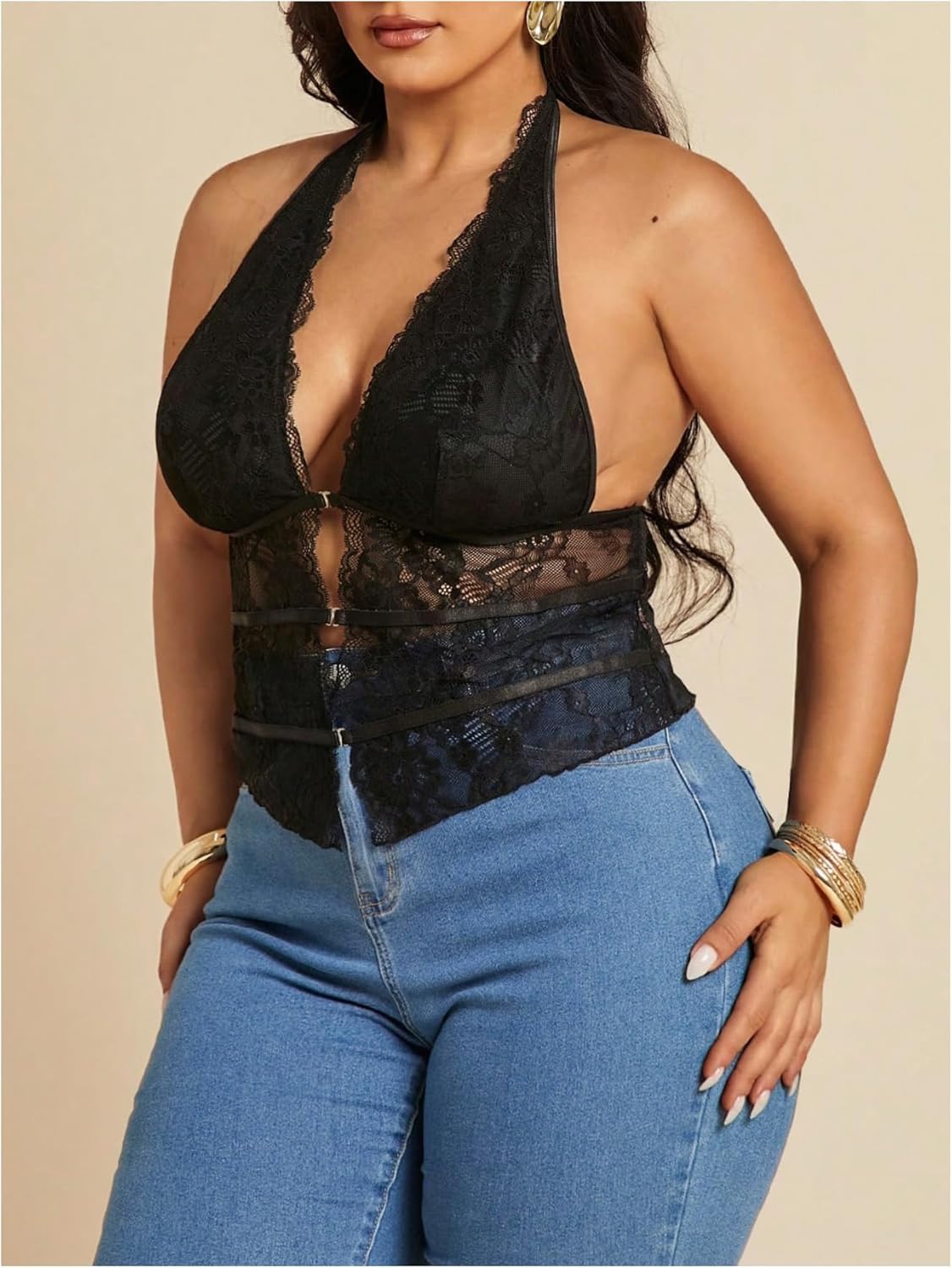 Milumia Women's Plus Size Floral Lace Halter Top Sexy Deep V Neck Sheer Party Tank Tops - Image 2