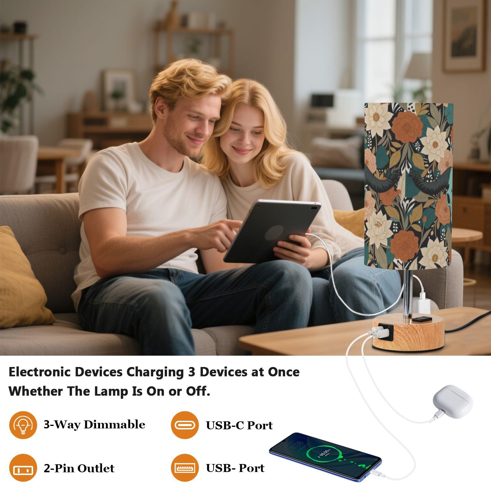 Yuiboo Mała lampa stołowa z portami USB C+A, lampka nocna