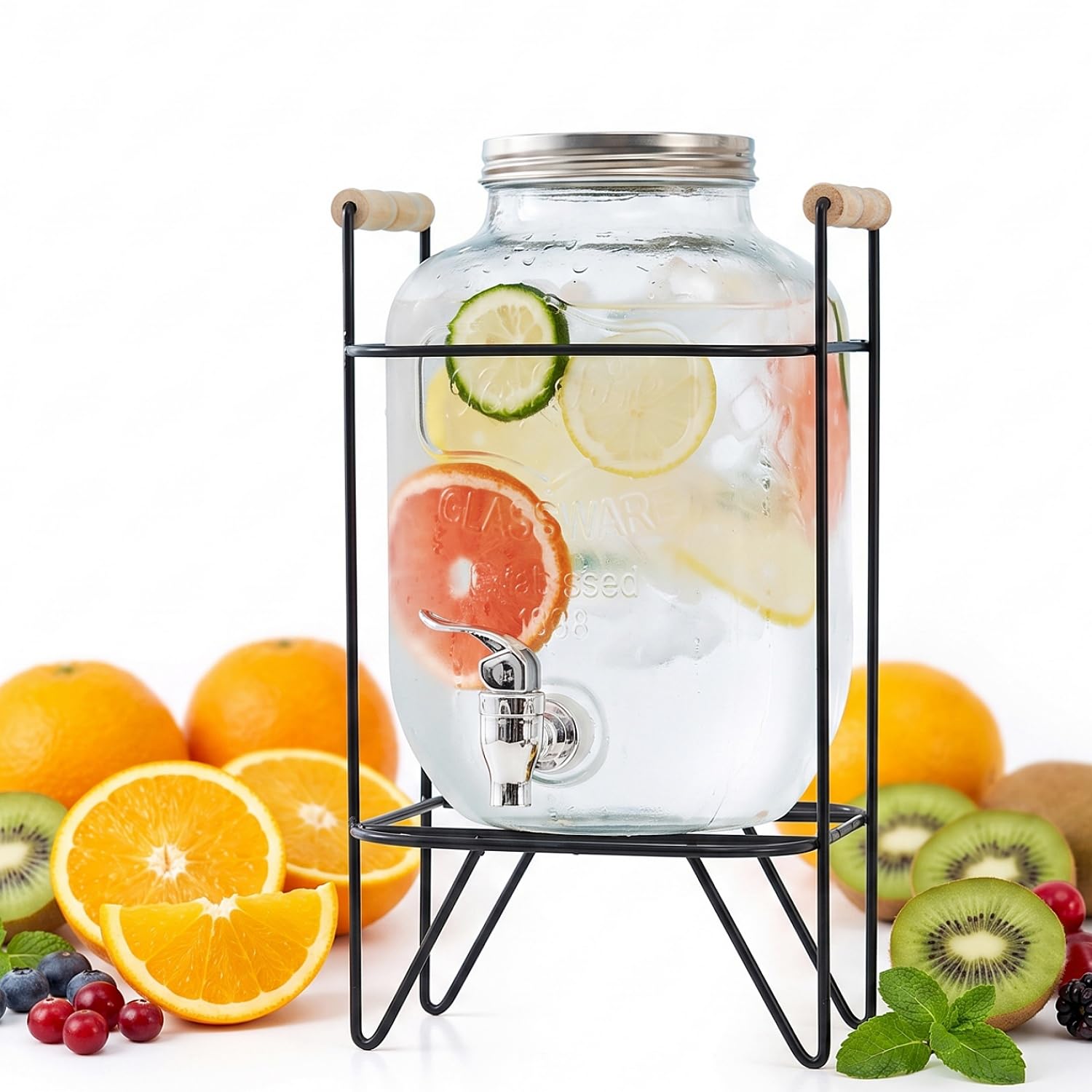 Dispensador de bebidas con grifo, dispensador de limonada de cristal, dispensador de zumo de cristal con tapa, sin BPA, dispensador de agua con base elevada, para cócteles, té helado, té de frutas
