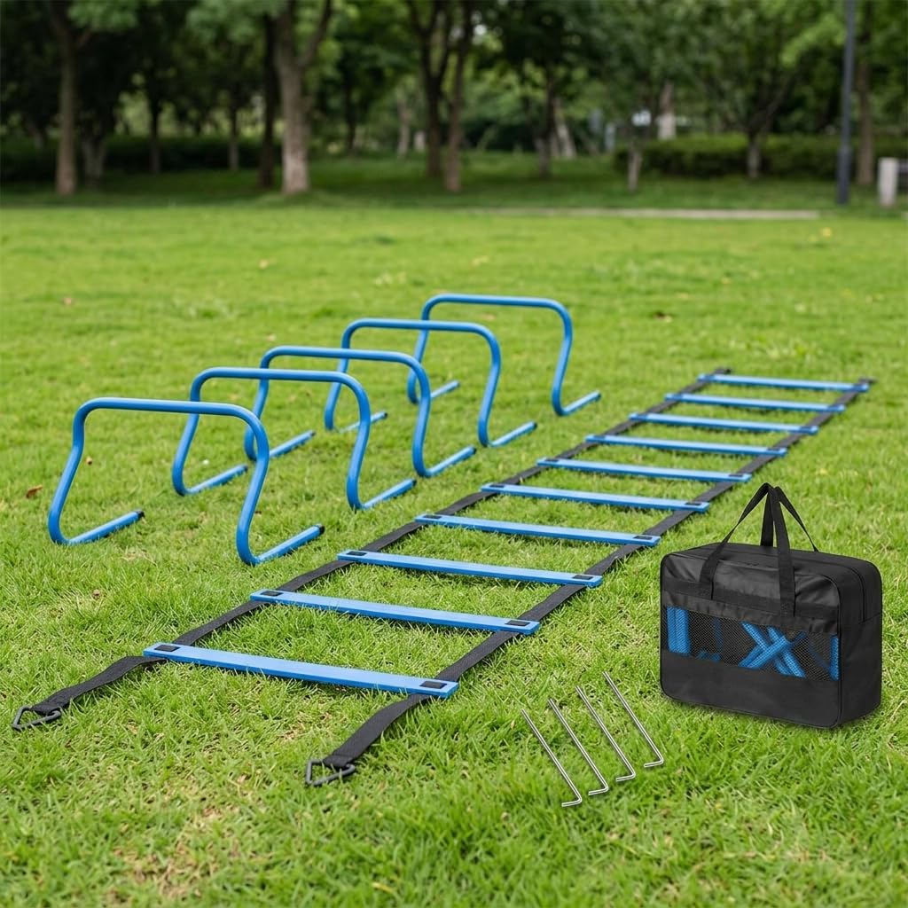 Fussball Trainingszubehör Agility Set, Koordinationsleiter 6m mit 42.5cm Sprossen, 12 Hütchen 16cm Scheiben, mit Tasche für Fußballspieler, Agility-Leiter-Set 4