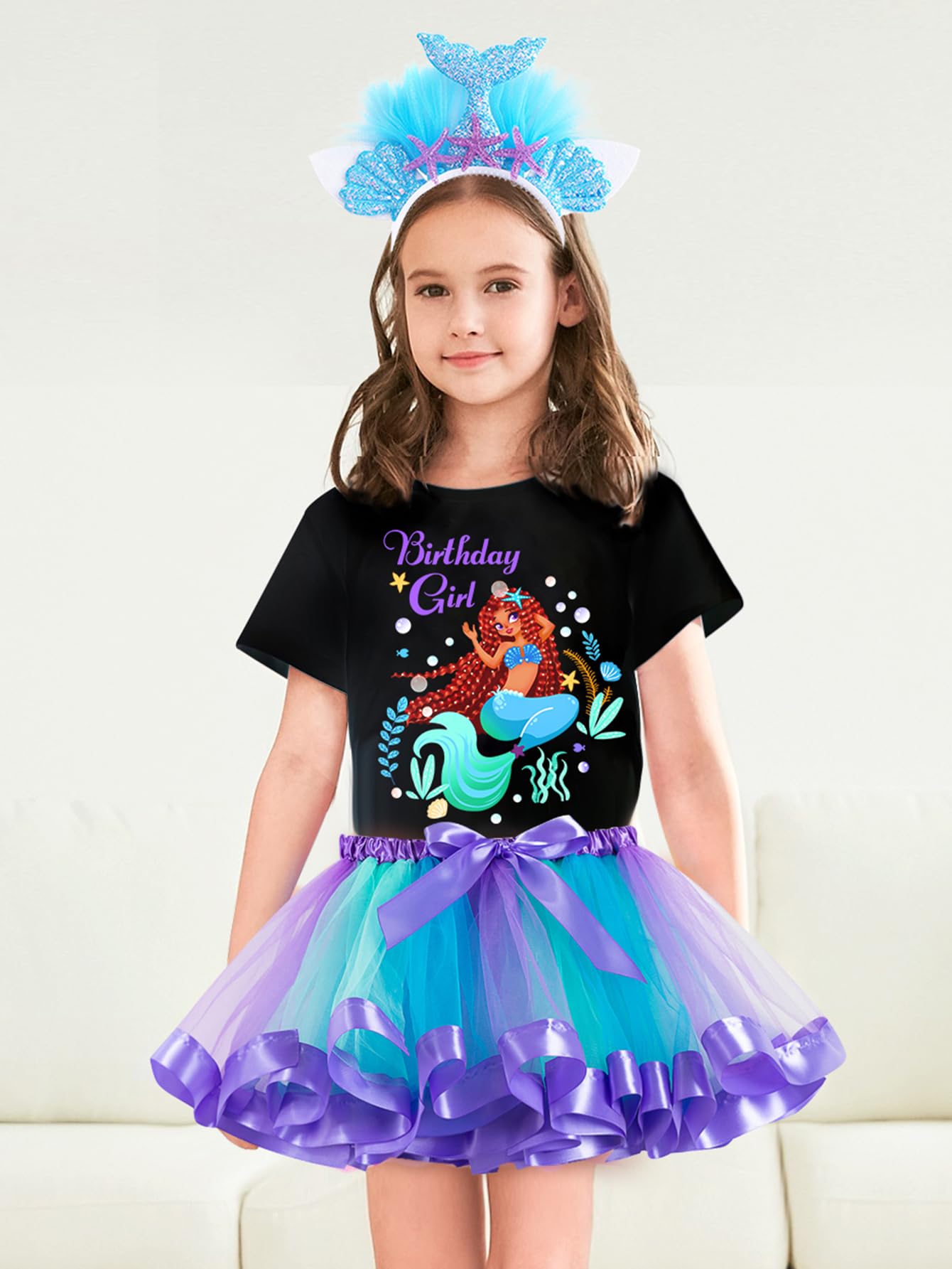 Doctor Unicorn Birthday Girls Mermaid Outfit Set Costume Tutu Skirt Dress, Mermaid Birthday Shirt, Headband & Satin Sash (Black-1, 6-7 Years)