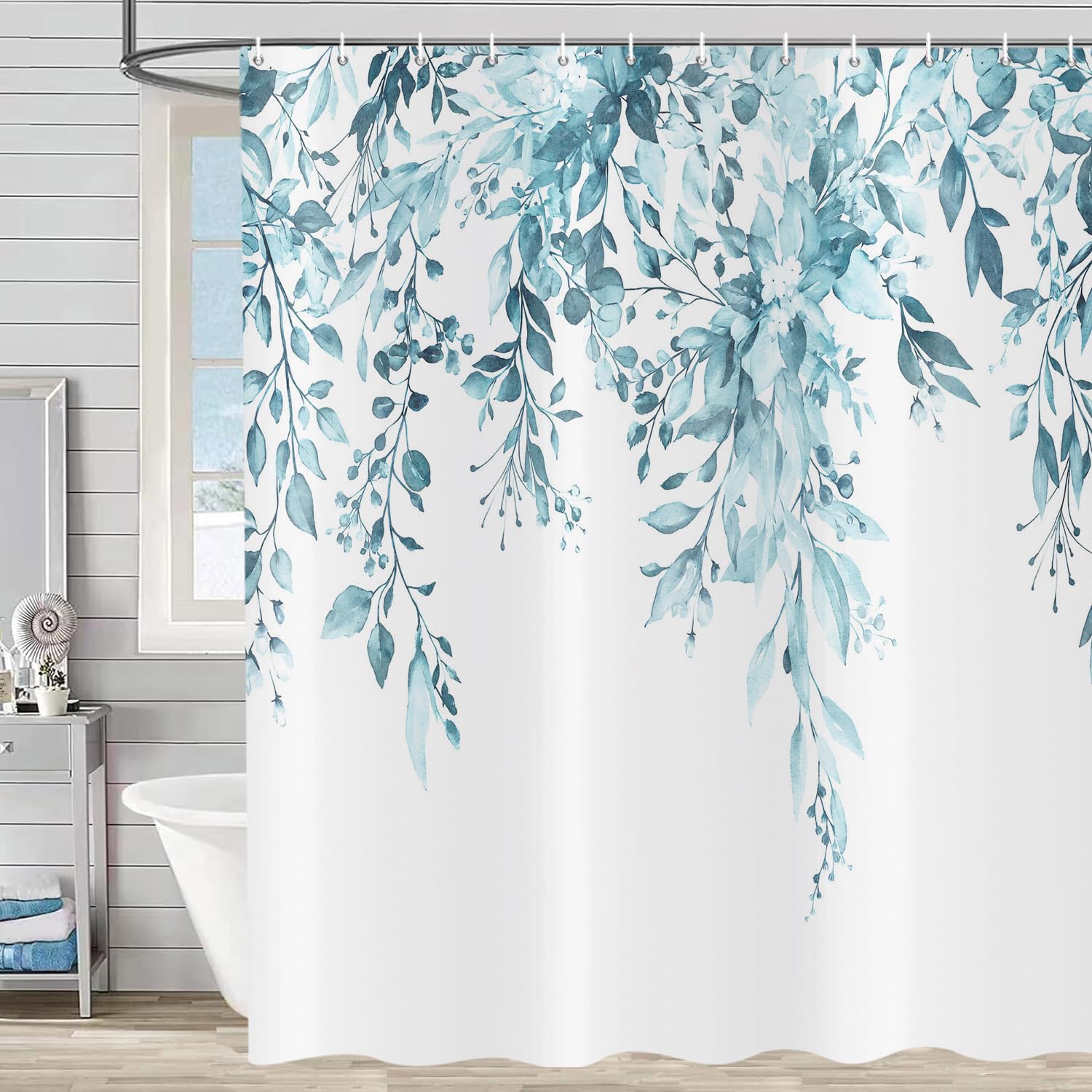ASDCXZ Light Blue Eucalyptus Shower Curtain 90x180 cm, Spring Watercolor Eucalyptus Leaves Floral Plants Waterproof Bath Curtain Polyester Textile Washable Shower Curtains for Bathtub with 6 Hooks