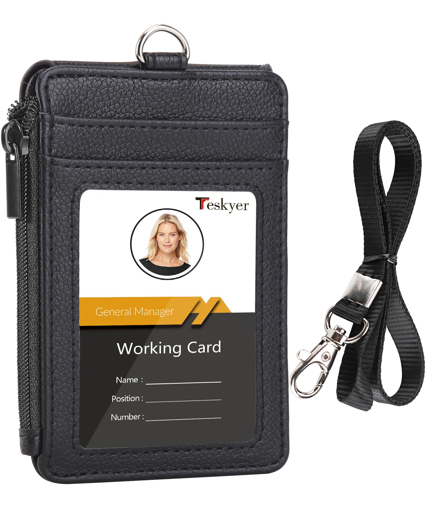 Teskyer Badge Holder with Side Zip Pocket, Multiple Card Slots Leather ID Holder Wallet with Neck Lanyard for Office Staffs, Teachers/Students,