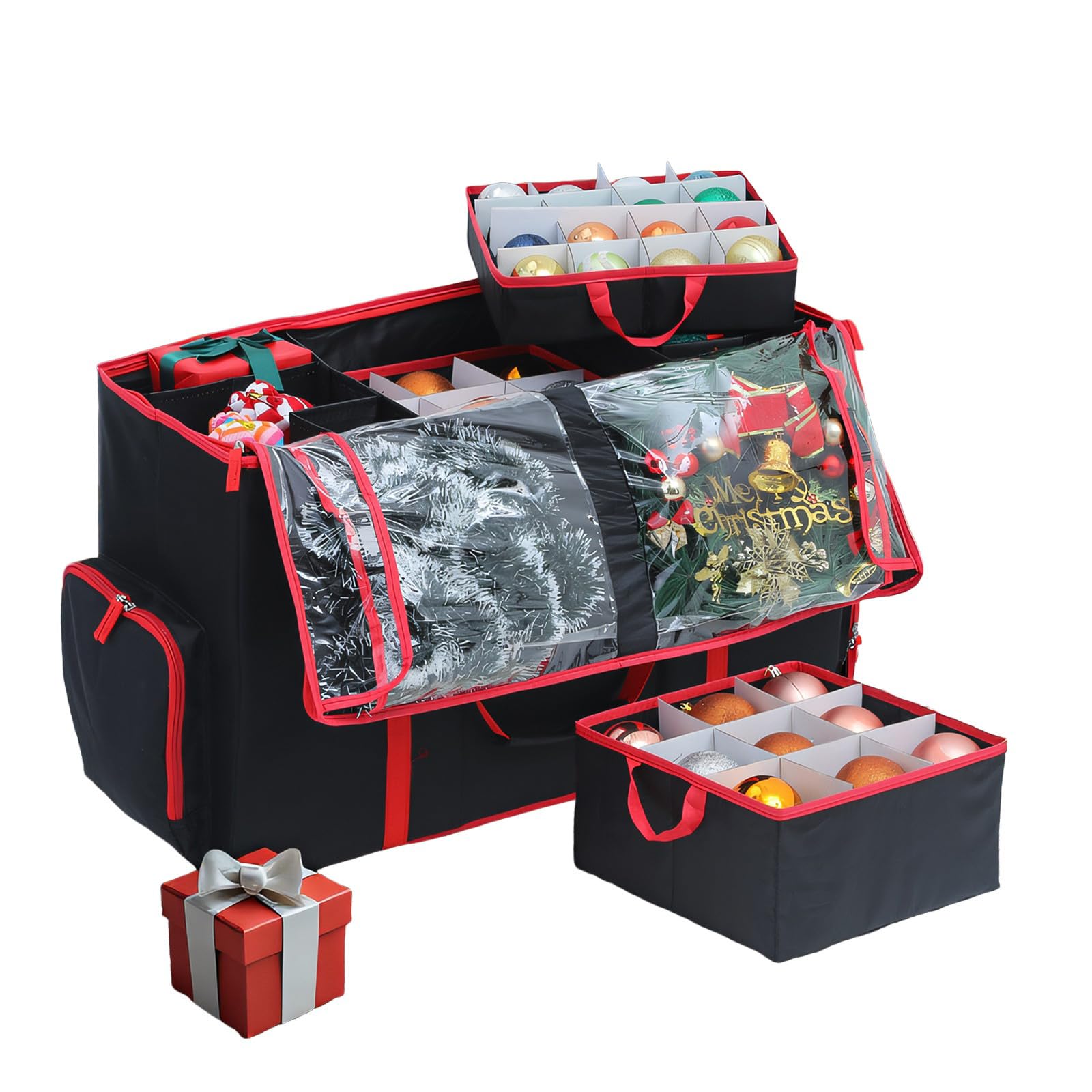 ENEN Weihnachtskugeln Aufbewahrung, 80 Fächer Weihnachtskugelboxen, 600D Oxford-Gewebe Aufbewahrungsbox Weihnachtskugeln mit Deckel, Griffen, Verstellbaren Trennwänden (Schwarz,71x31x45cm)